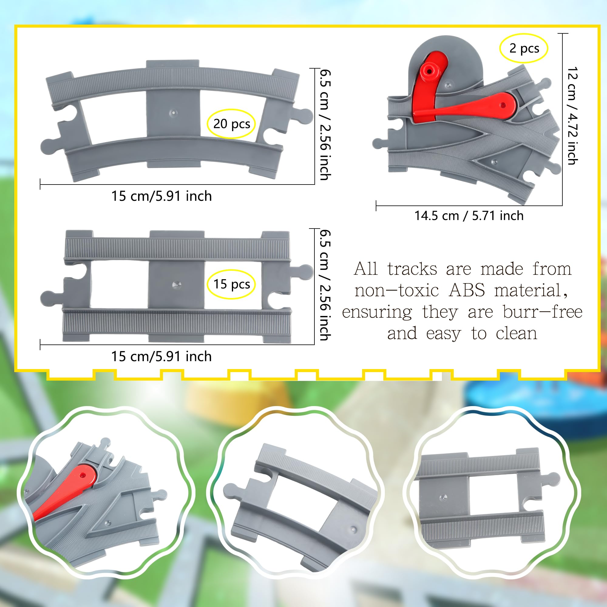 Hoarost 37 Pcs Plastic Train Tracks with 15 Straight Tracks 20 Curved Tracks and 2 Switches Tracks for Railway Track Expansion Accessories