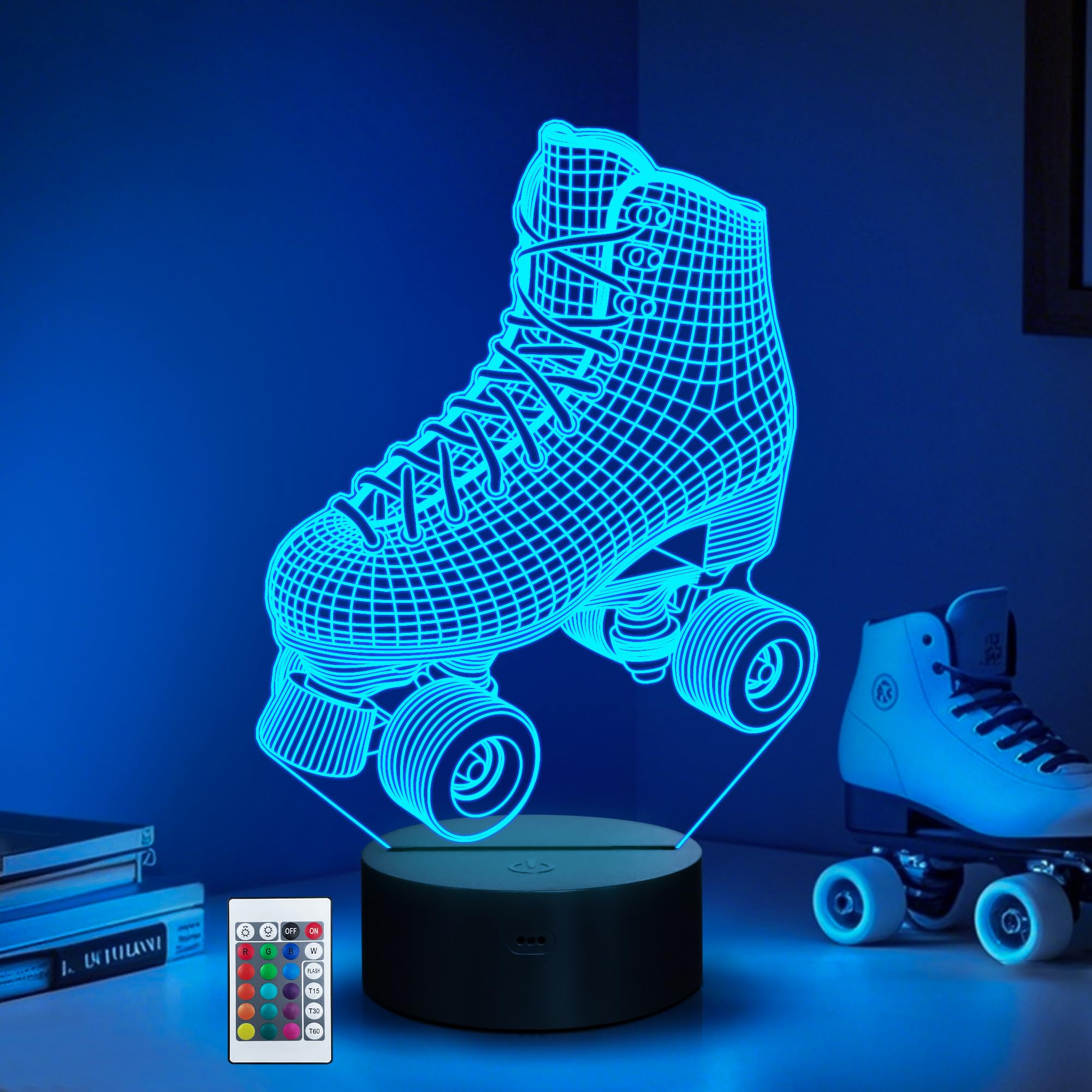 3D LED Rollschuh-Nachtlicht Mit Fernbedienung & Timer – Optische Illusion, 16 Farben, USB/Batteriebetrieb – Geschenk Für Rollschuh-Fans