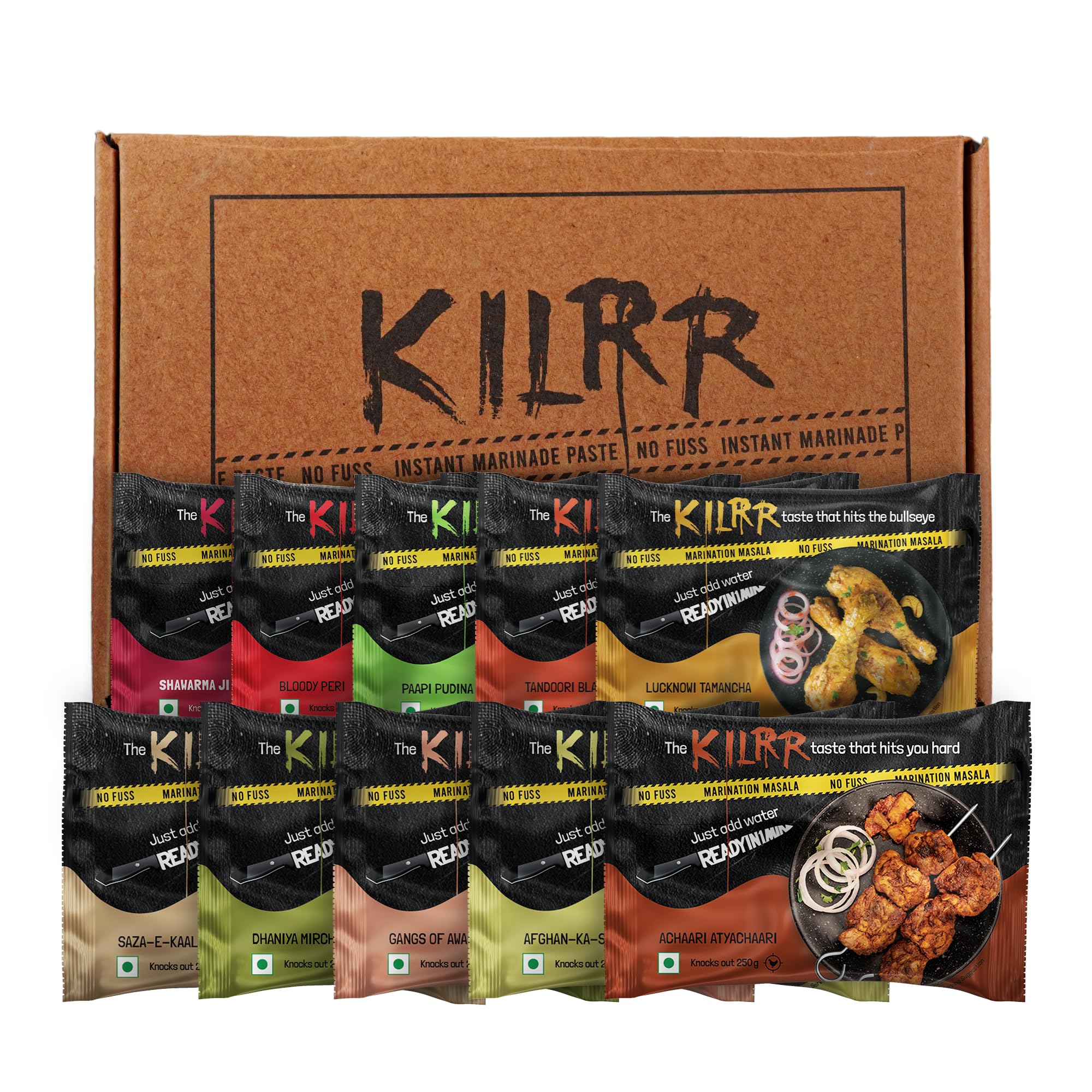 KILRR Chicken Marination Masala Variety Pack of 10 (Marinates 250g Chicken per Pack) | 1- Min Killer Marinade for Tikka, Tandoori Chicken | No Preservatives | Just Add Water & Oil | Killer Gang discount deal