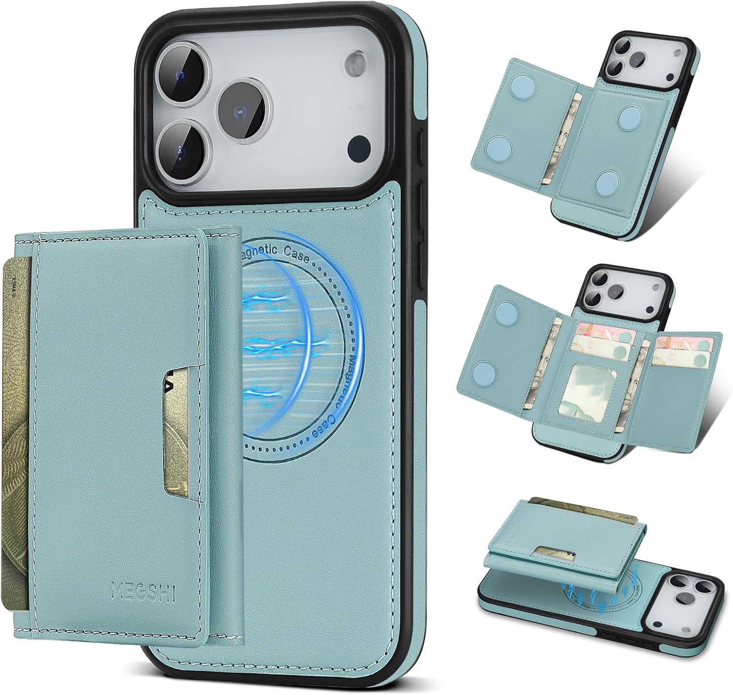 for iPhone 17 pro Wallet Case, 2-in-1 Detachable Phone Case, Card Holder RFID Blocking, Fashionable Faux Leather Card Slot & Folding Design (Blue)