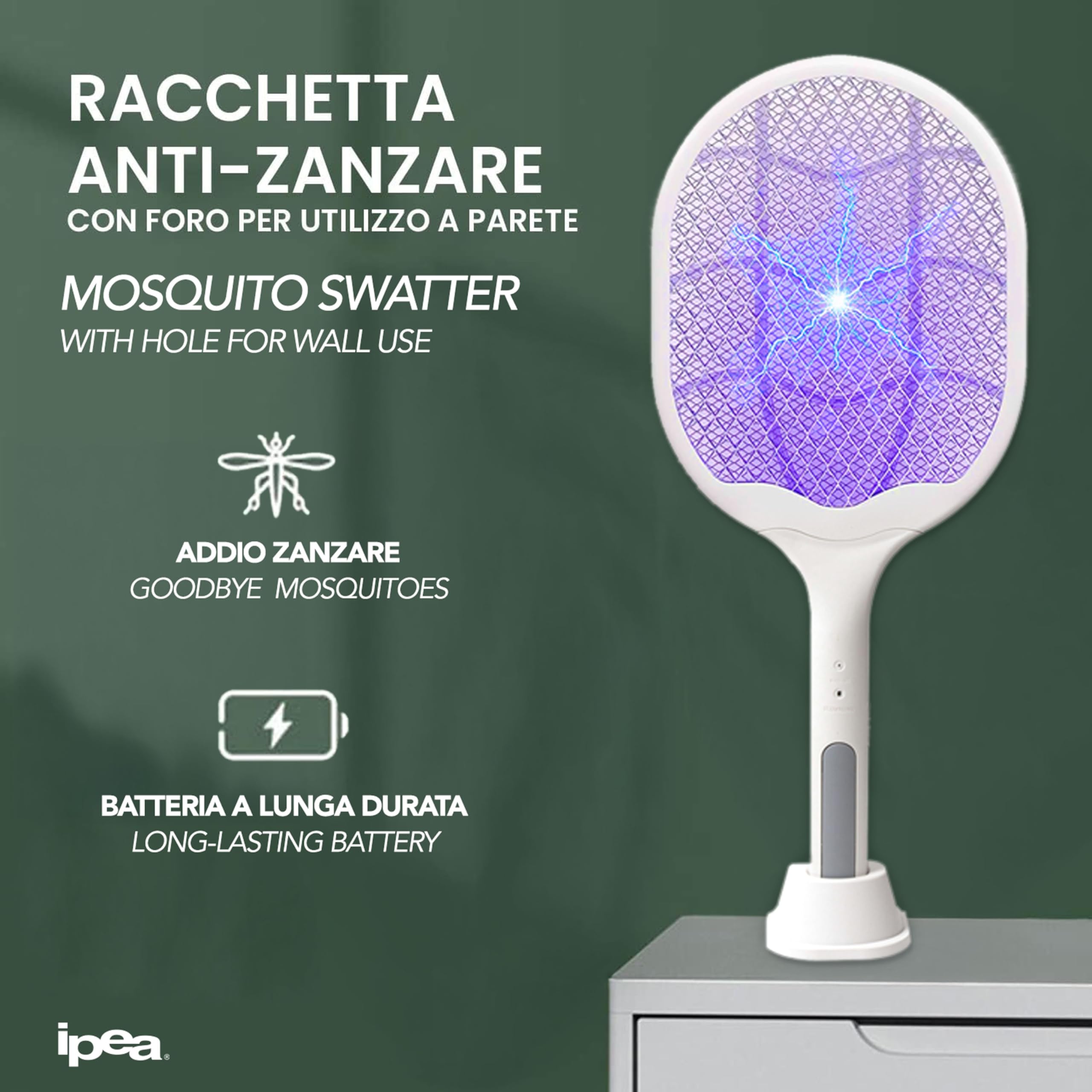 IPEA Racchetta Zanzare Elettrica Ricaricabile USB-C 2 in 1 3000V 1200 mAh