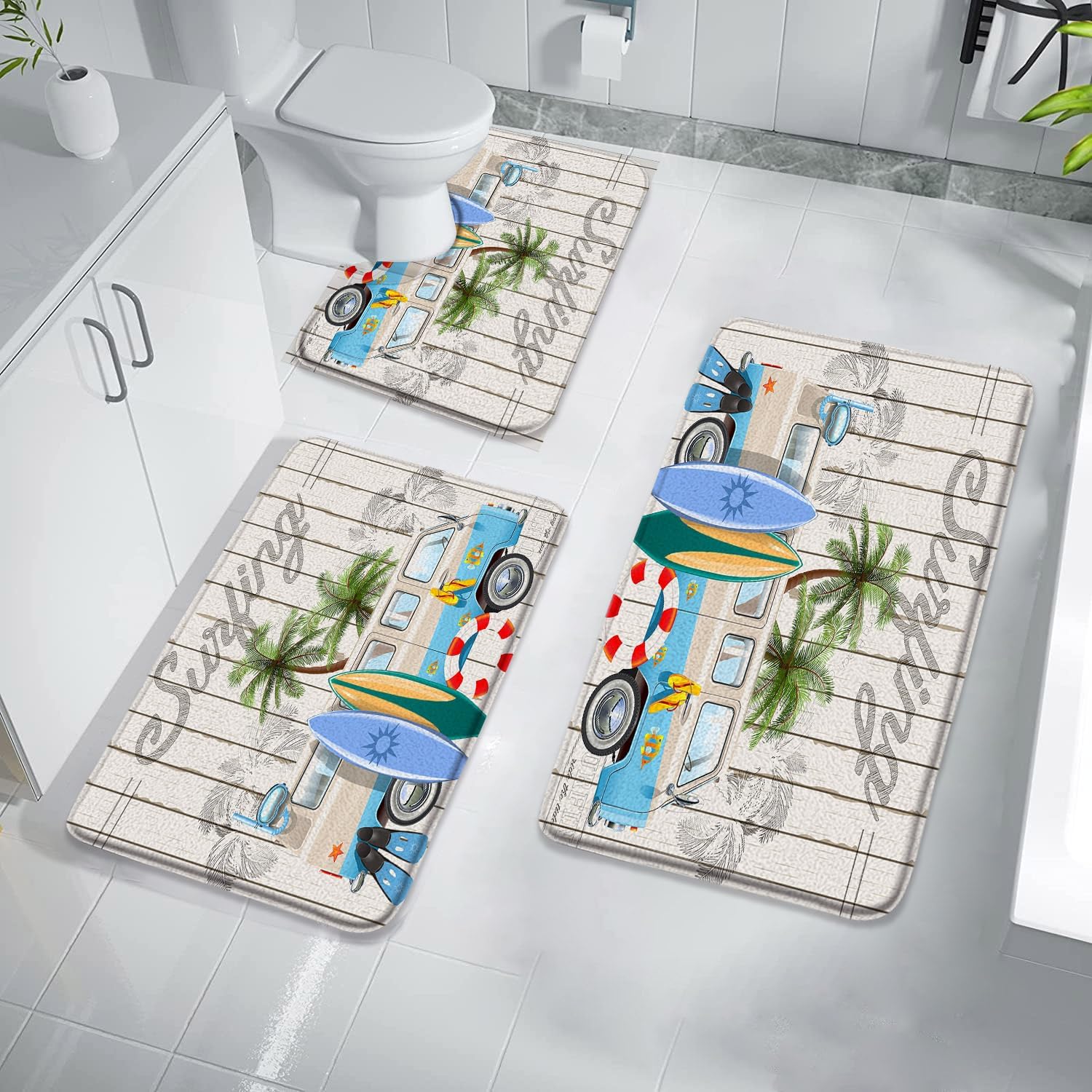 FGYGYK 3 Pcs Bath Rugs Set,Tour Bus Bath Mat Surfboard