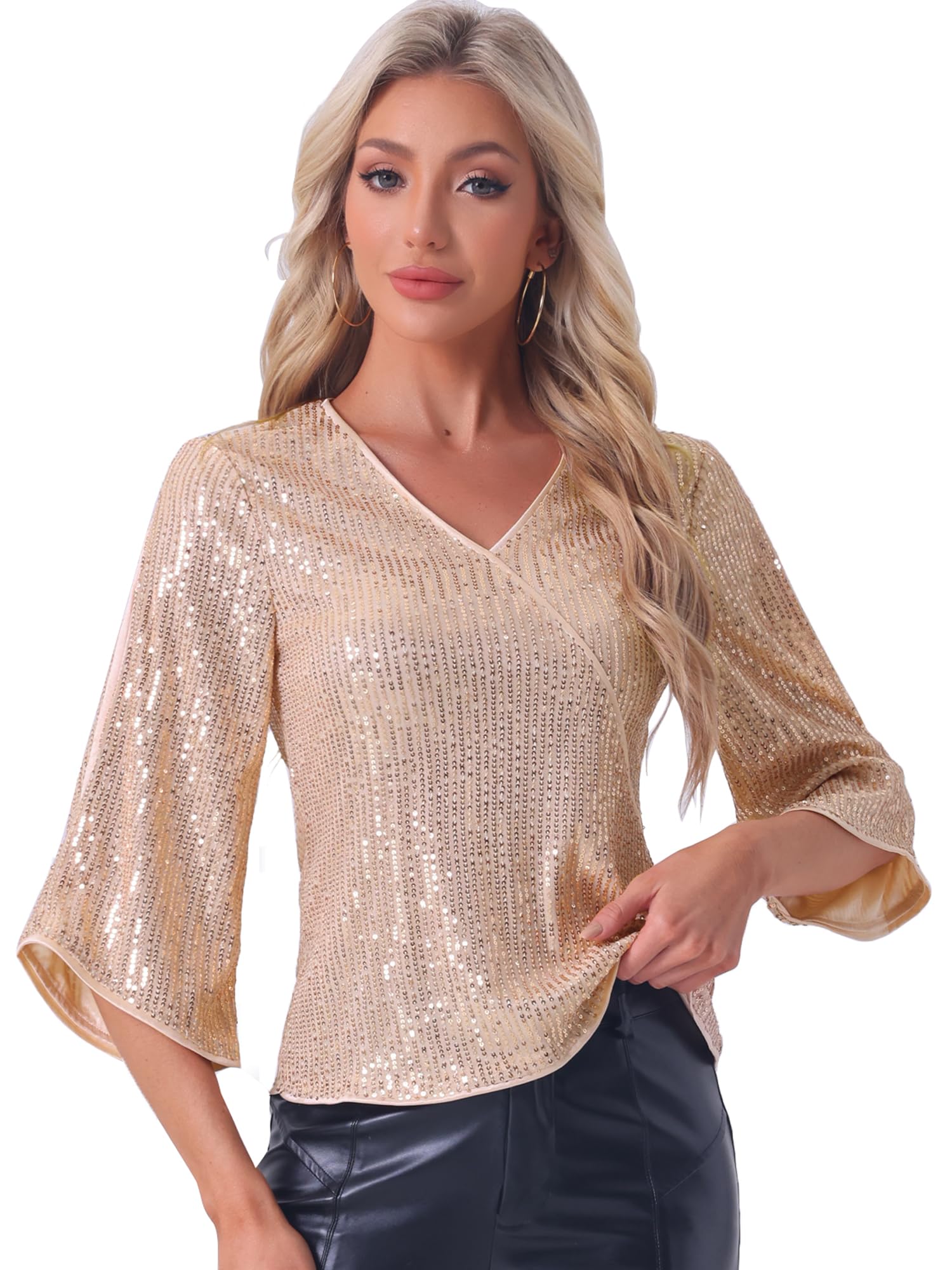 Allegra K Donna Blusa Paillettes Scollo a V Maniche a 3/4 Festa Club | Maniche Traforate con Dettagli Luminosi Design Scintillante per Eventi Serali Cocktail Celebrazione Prom