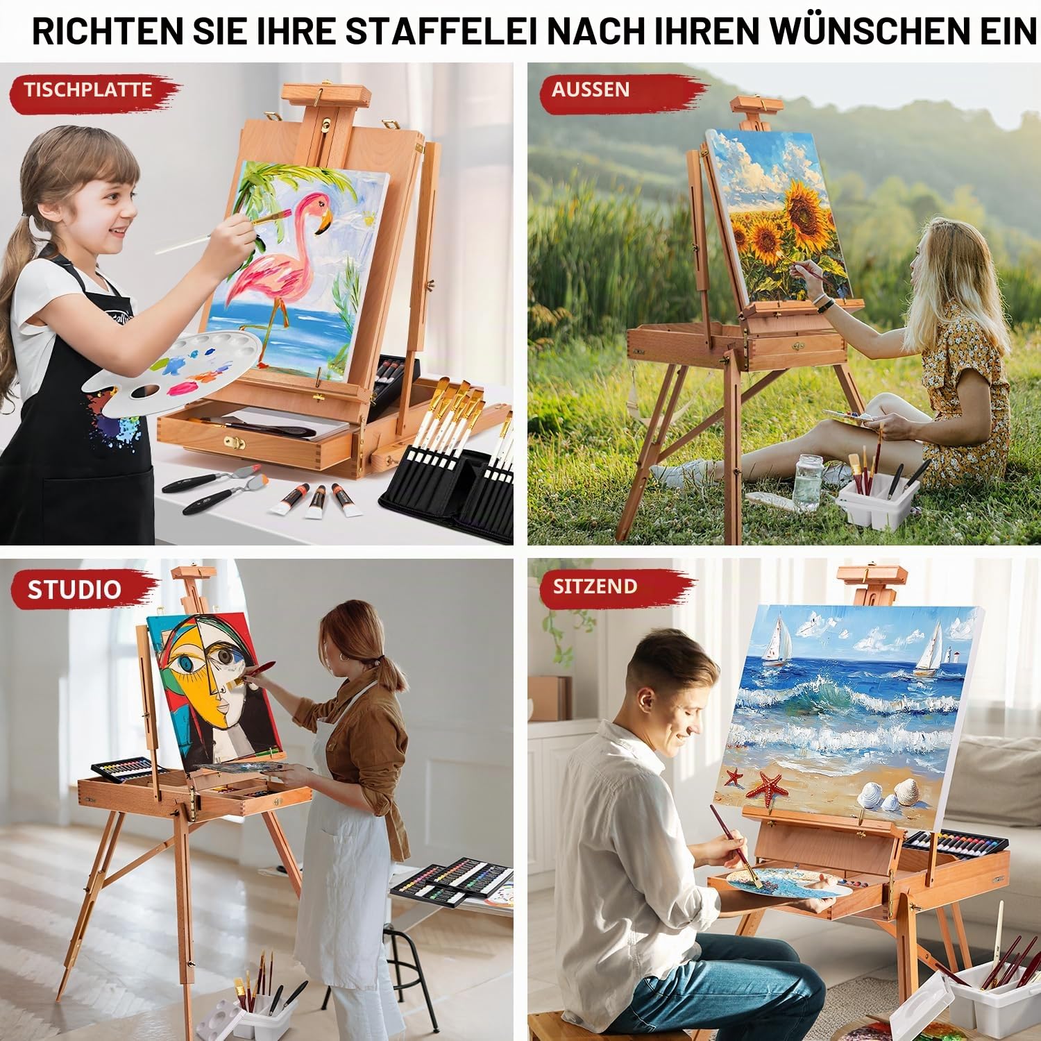 188-teiliges All-in-One-Kunstmalerei-Set mit französischer Staffelei, 96 Acryl-, Aquarell- und Ölfarben-Set, komplettes Malset für Erwachsene, Künstler, Anfänger