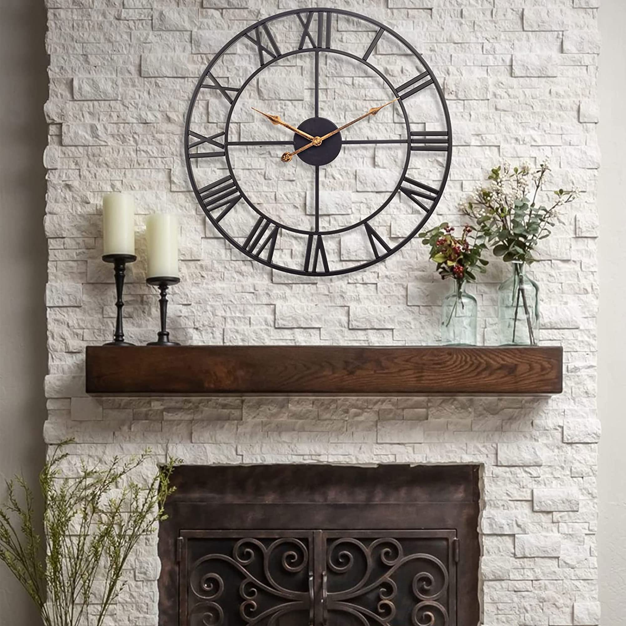 Large Wall Clock for Living Room Decor, 24 Inch Silent Non-Ticking Battery Operated Wall Clock, Modern Farmhouse Black Metal Wall Clock with Roman Numerals for Bedroom, Kitchen, Office, Patio
