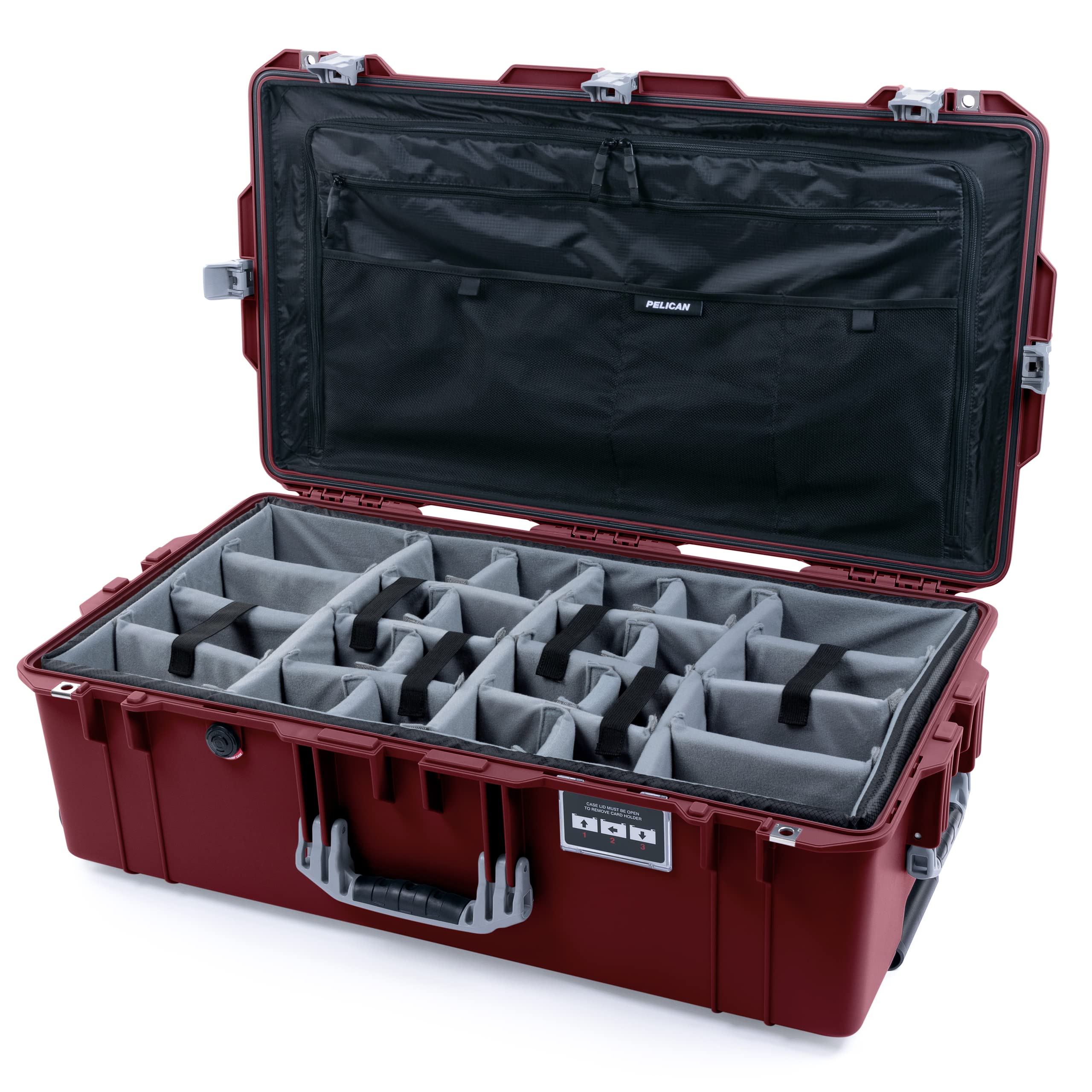 Oxblood & Silver Pelican 1615 air case with Grey CVPKG dividers & Combo lid Pouch.