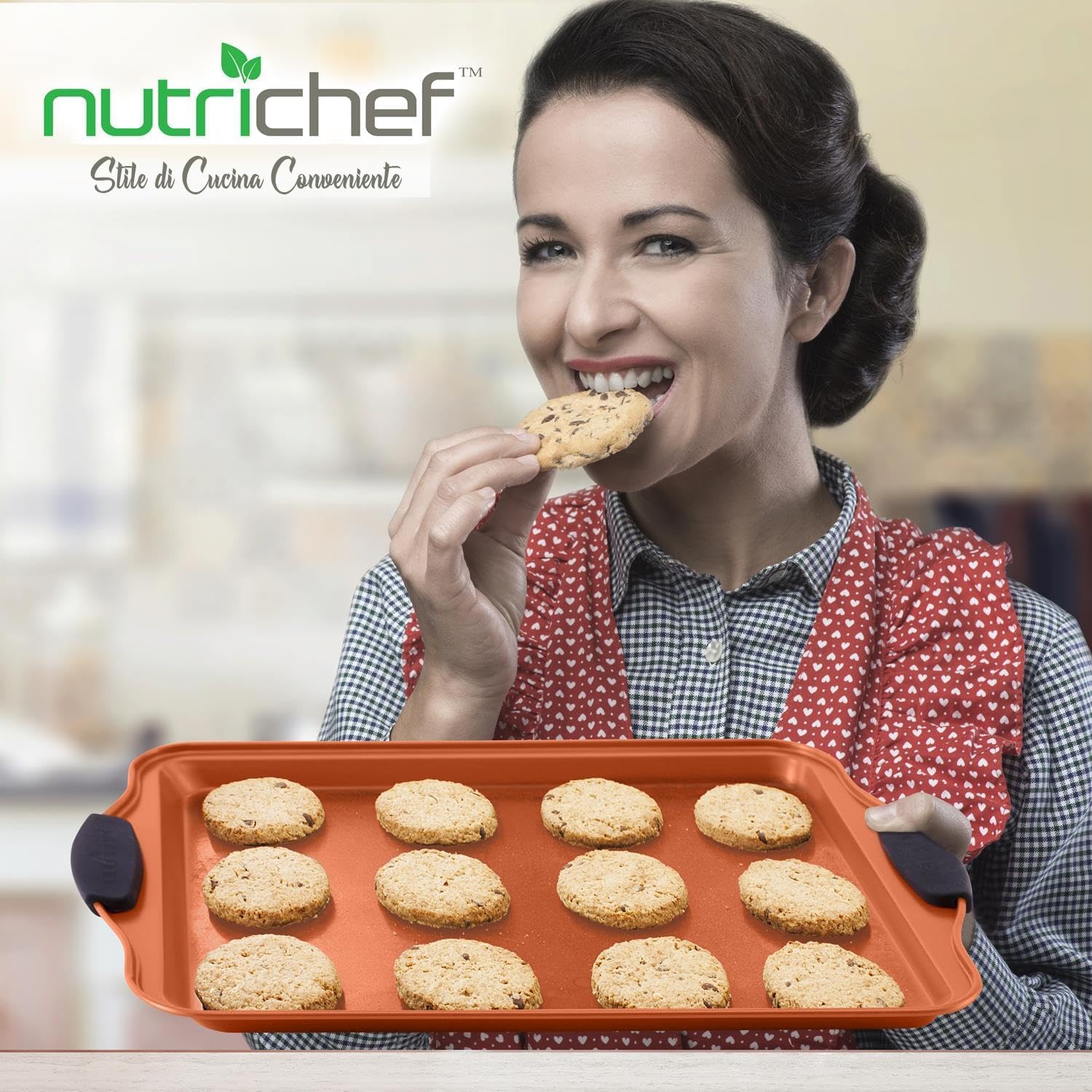 NutriChef Set 5 Teglie da Forno Antiaderente, Biscotti Impilabili, Teglia Arrosto Coperchio, Maniglie Silicone, Facili da Pulire, Rame