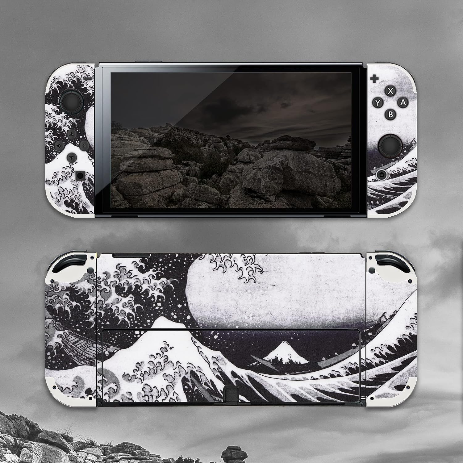 BelugaDesign Wave Switch Skin | Japanese Ocean Wave Vinyl Decal Wrap | Cute Cutecore Kawaii Anime-Inspired Design | Protective & Stylish Cover | Compatible with Nintendo Switch (Switch OLED, Gray)
