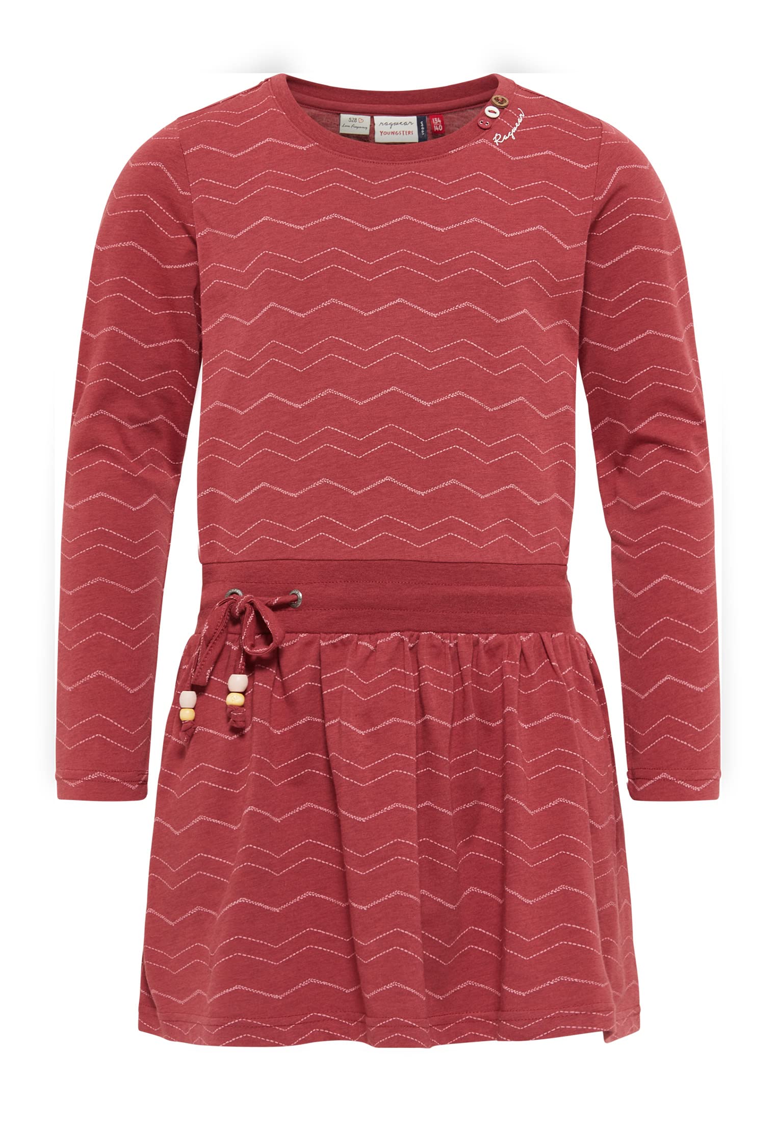 Ragwear Mädchen Kleid langärmelig mit Chevron-Muster, Kordel in der Taille, Taschen, 100% vegan, ideal für Schule und Freizeit
