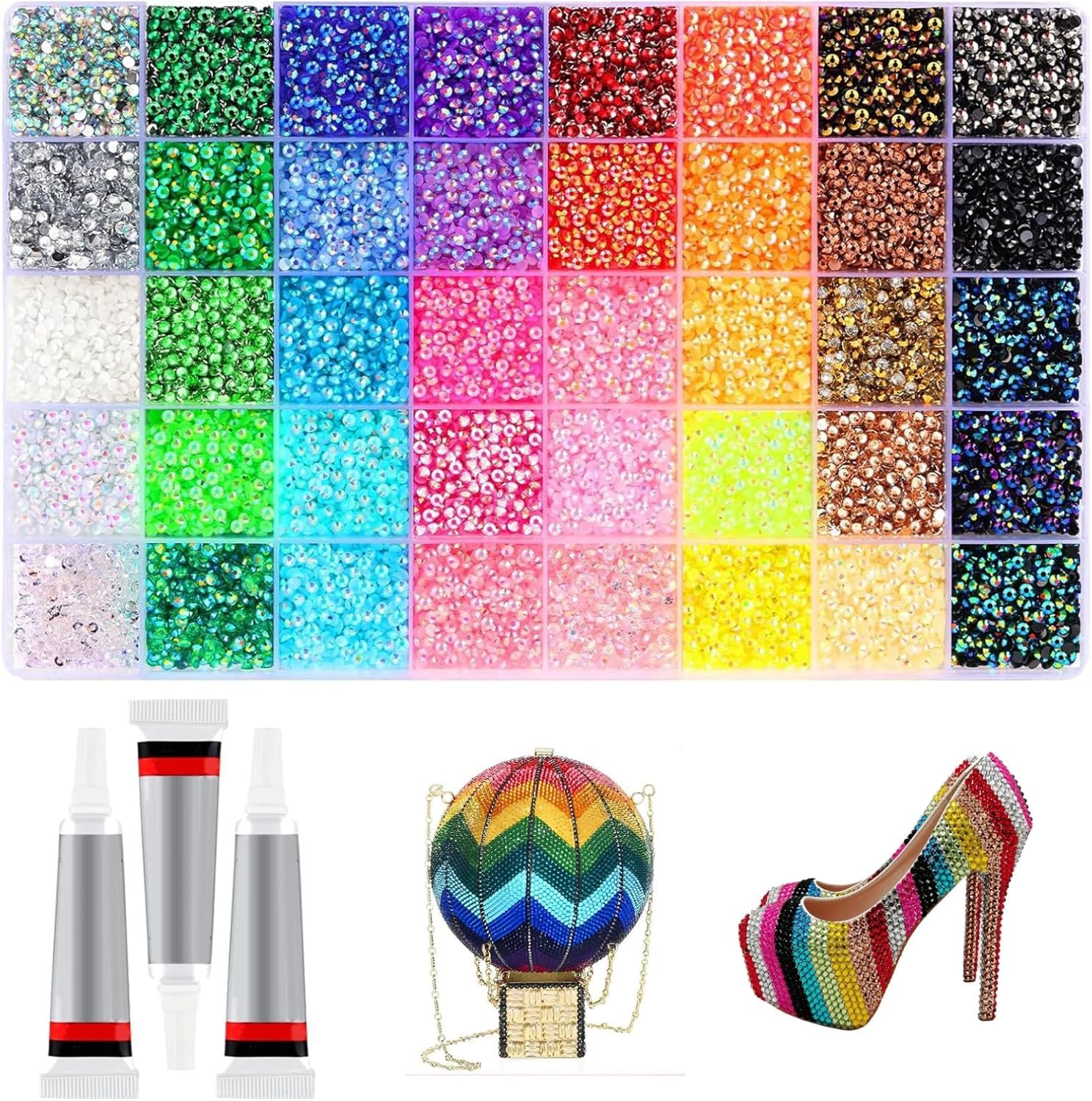 Kit di strass in resina Bedazzling, 32000 pezzi, 40 colori, gemme con retro piatto da 3 mm e colla 3x10 ml, strass per nail art, artigianato, abbigliamento, scarpe, tazze, kit di decorazioni fai da te