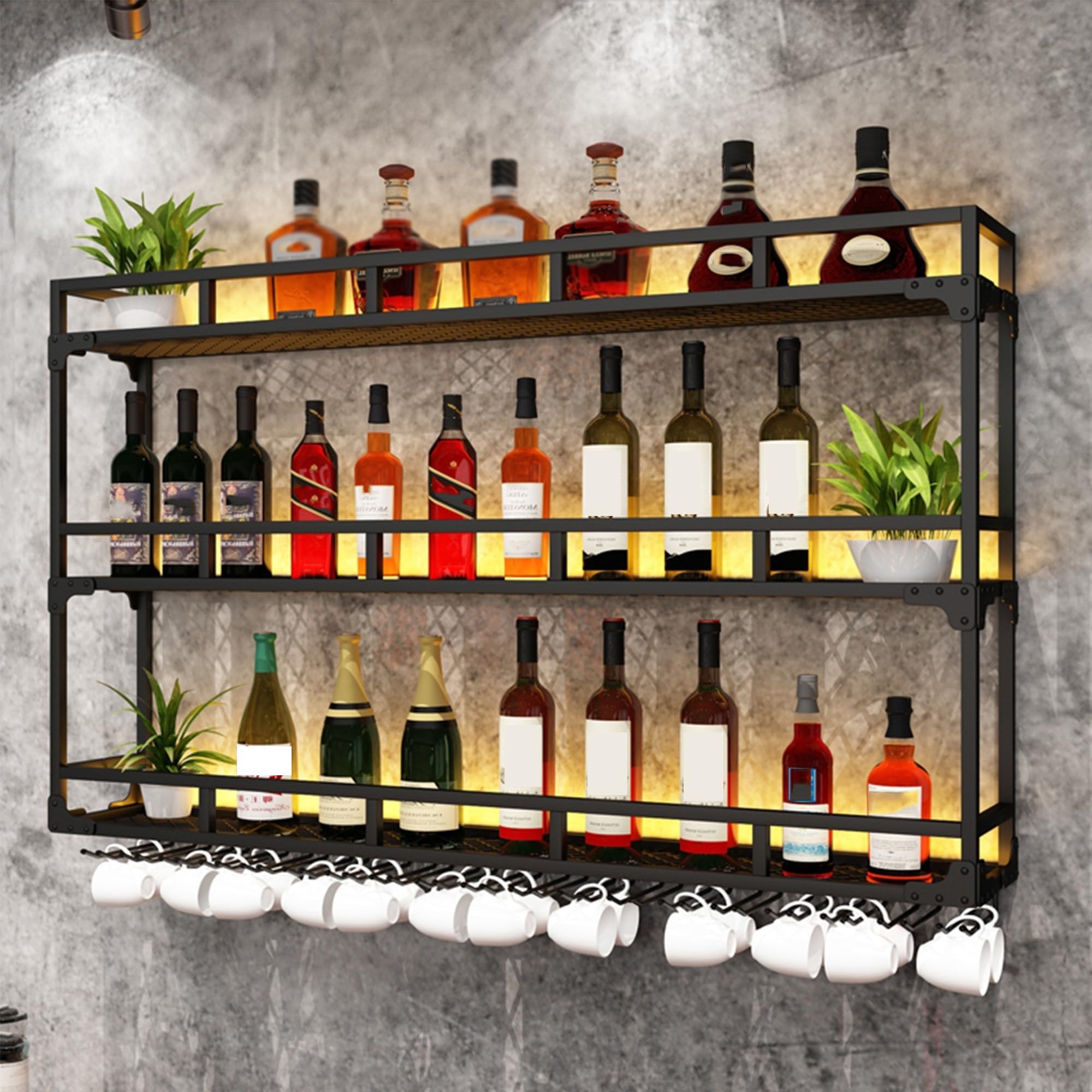 Botellero Vino Pared Garrafeira de Vino con Luz Wine Rack Mueble Botellero Barra Cocina Mini Bar Estanteria Cocina para Bar Comedor(Nero,100cm(39.37in))