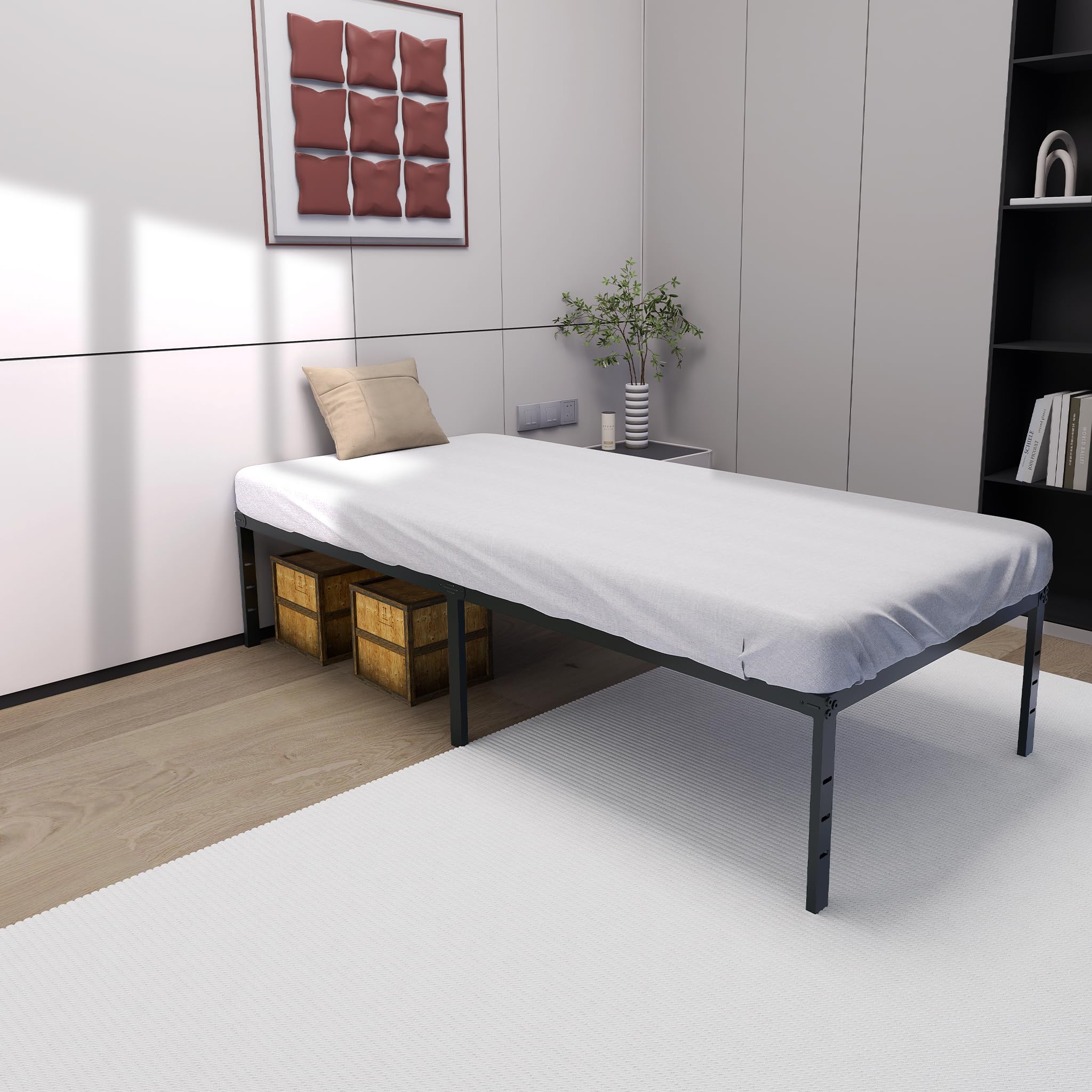 UISEBRT Bettrahmen 90 x 200 cm Metallbett Bettgestell Plattformbett aus Metall Einzelbetten mit 41.5cm Höhe Stauraum unter dem Bett - Maximale Tragfähigkeit 160 kg