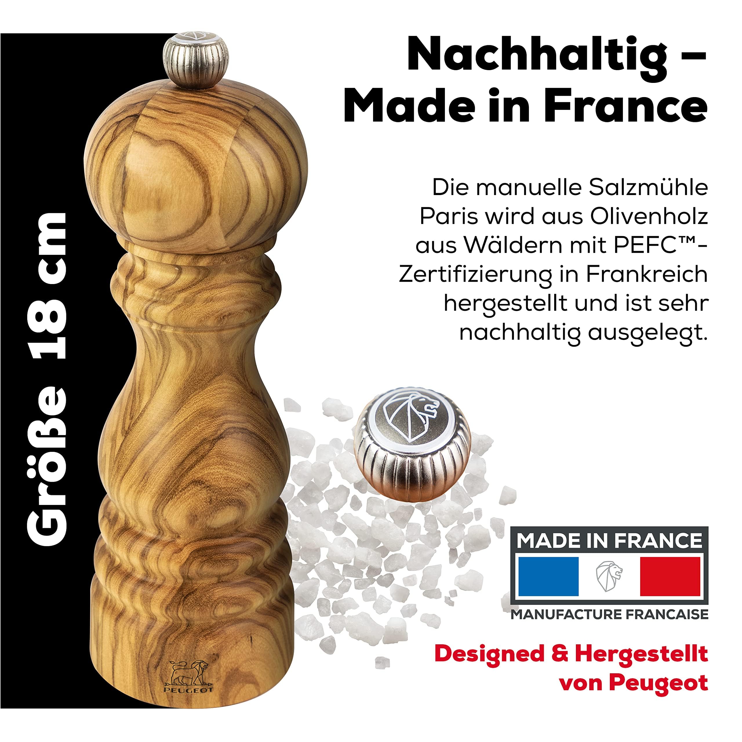 PEUGEOT - Salzmühle Paris 18 cm - Trockensalz - Klassische Mahlgradeinstellung - Aus PEFC-zertifiziertem Holz - französisches Know-how - Olivenholz