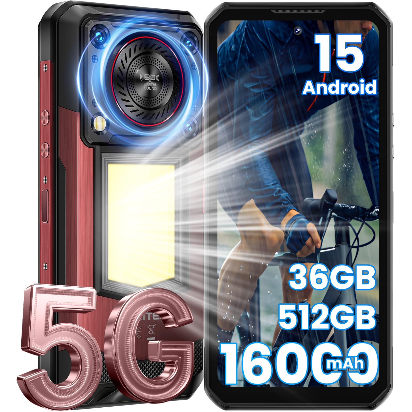 OUKITEL WP56 Rugged Smartphone 5G, 16000mAh/45W, 36GB +512GB/2TB Android 15 Rugged Phone Unlocked, 1000-Lumen Camping Light, 6.8" FHD+ 120Hz, 108MP+