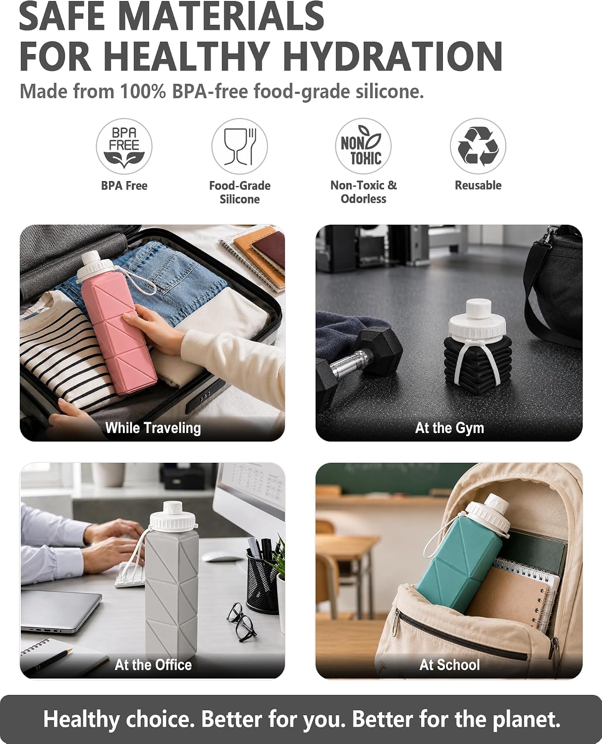 BEAUTAIL Collapsible Water Bottles 21oz/610mL, Silicone Travel Water Bottle image 3