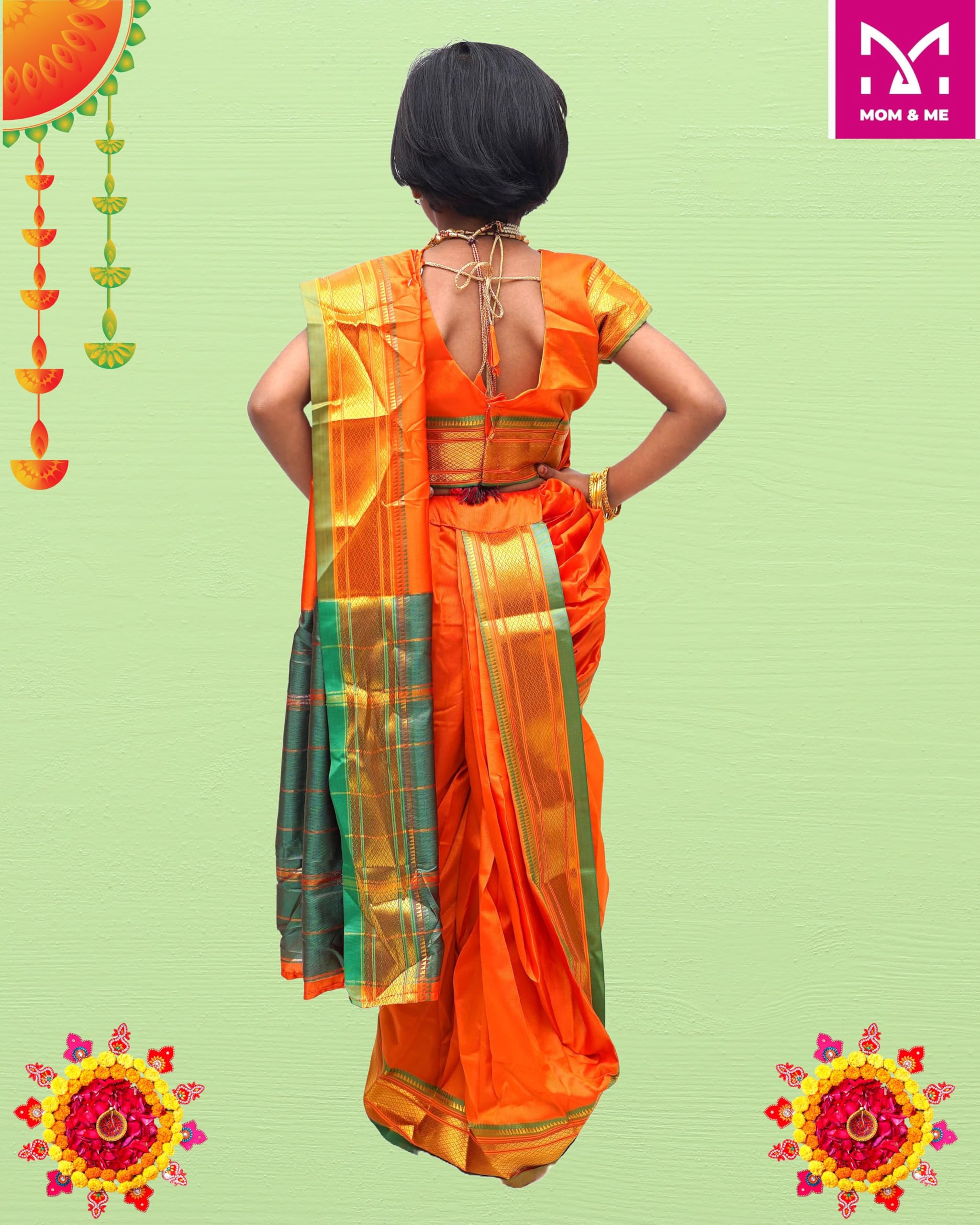 Mom and Me Nauvari Saree for Girls/Baby Girl, Ready to Wear, Marathi Maharashtrian Traditional Saree, Festival Outfit for Puja, Ganpati Festival, School Programs stitch Blouse (Mustard, 2-3 Y) - Image 5 thumbnail