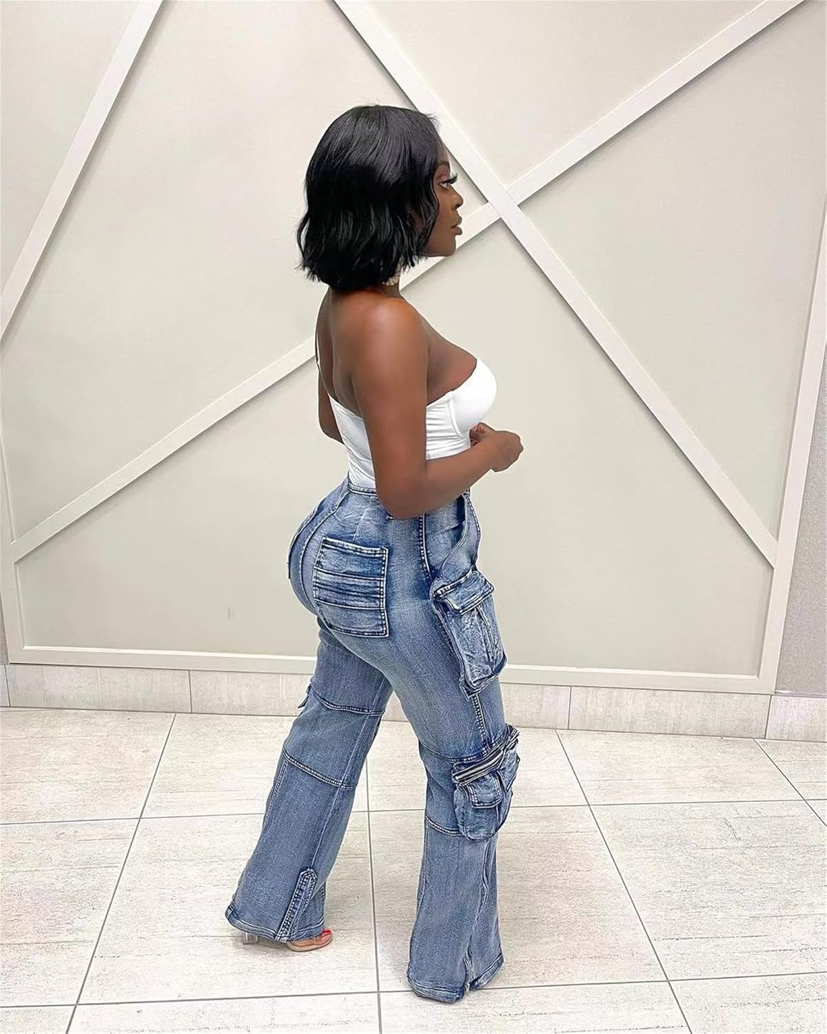 Women's High Waist Baggy Cargo Jeans Zipper Side Slit Straight Wide Leg Stretchy Denim Pants Y2K Streetwear with Pockets - Image 5