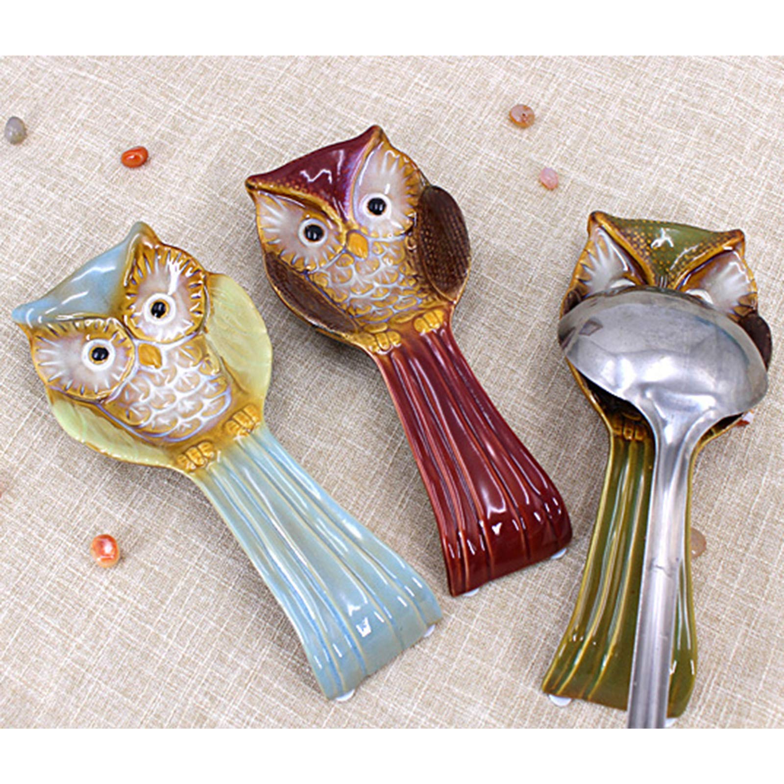 3-pak stojak na łyżkę sowa, ceramiczny uchwyt na chochlę przybory kuchenne do kuchni, nowoczesny wiejski uchwyt na łyżkę przybory kuchenne na stół jadalny