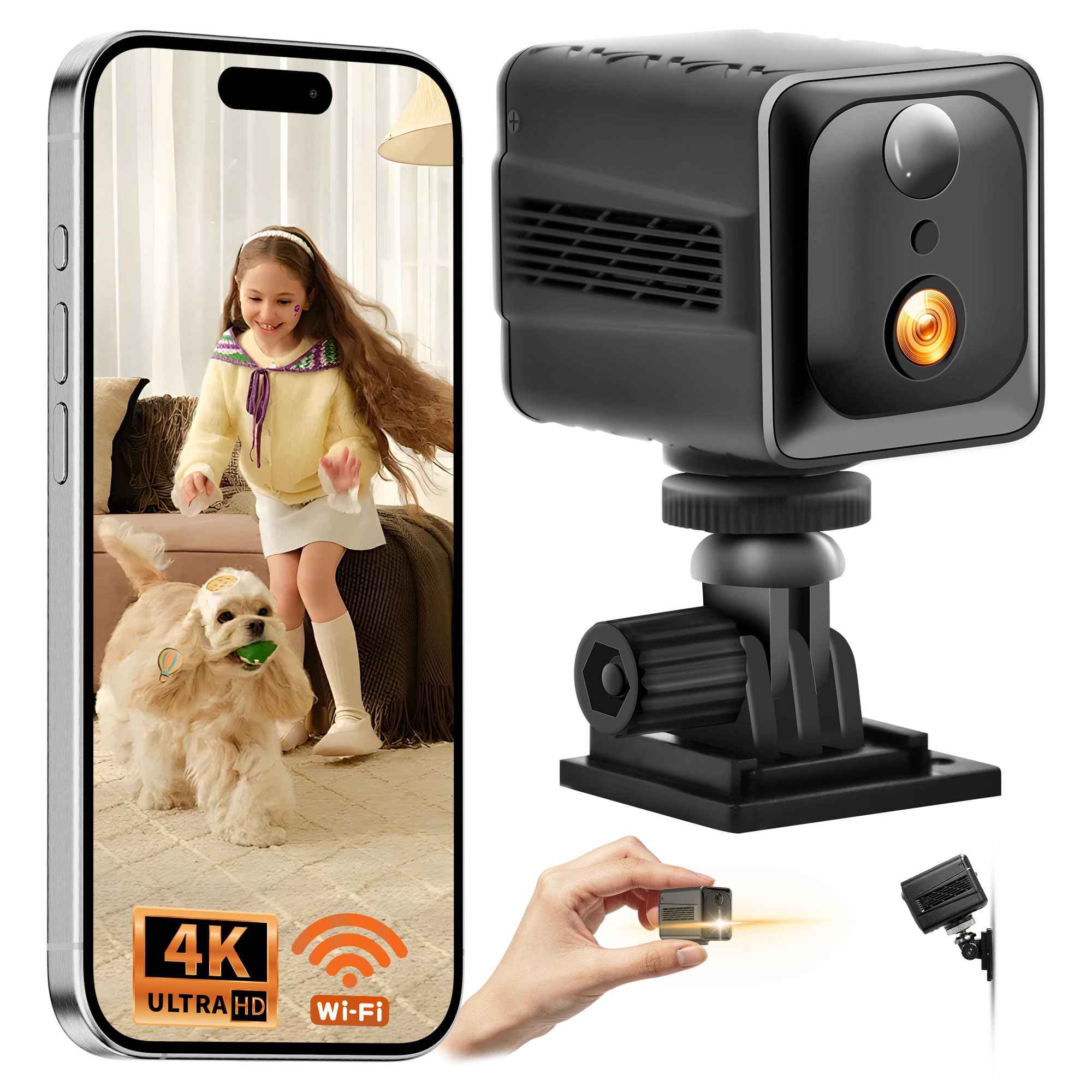 Mini Telecamera WiFi Interno 4K UHD, Telecamera Senza Fili per Casa | Mini Camera con Batteria da 3000mAh (60 Giorni in Modalità di Attesa), Microcamera Senza Fili Interna, Visione Notturna