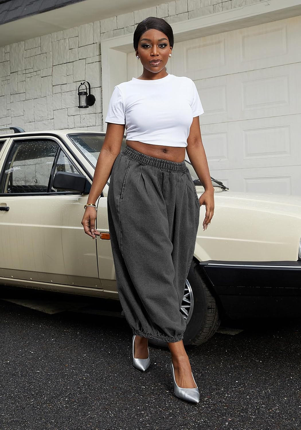 Tbahhir Women's Baggy Jeans Barrel Cropped Elastic Waist Denim Pants Loose Trousers with Pockets - Image 4