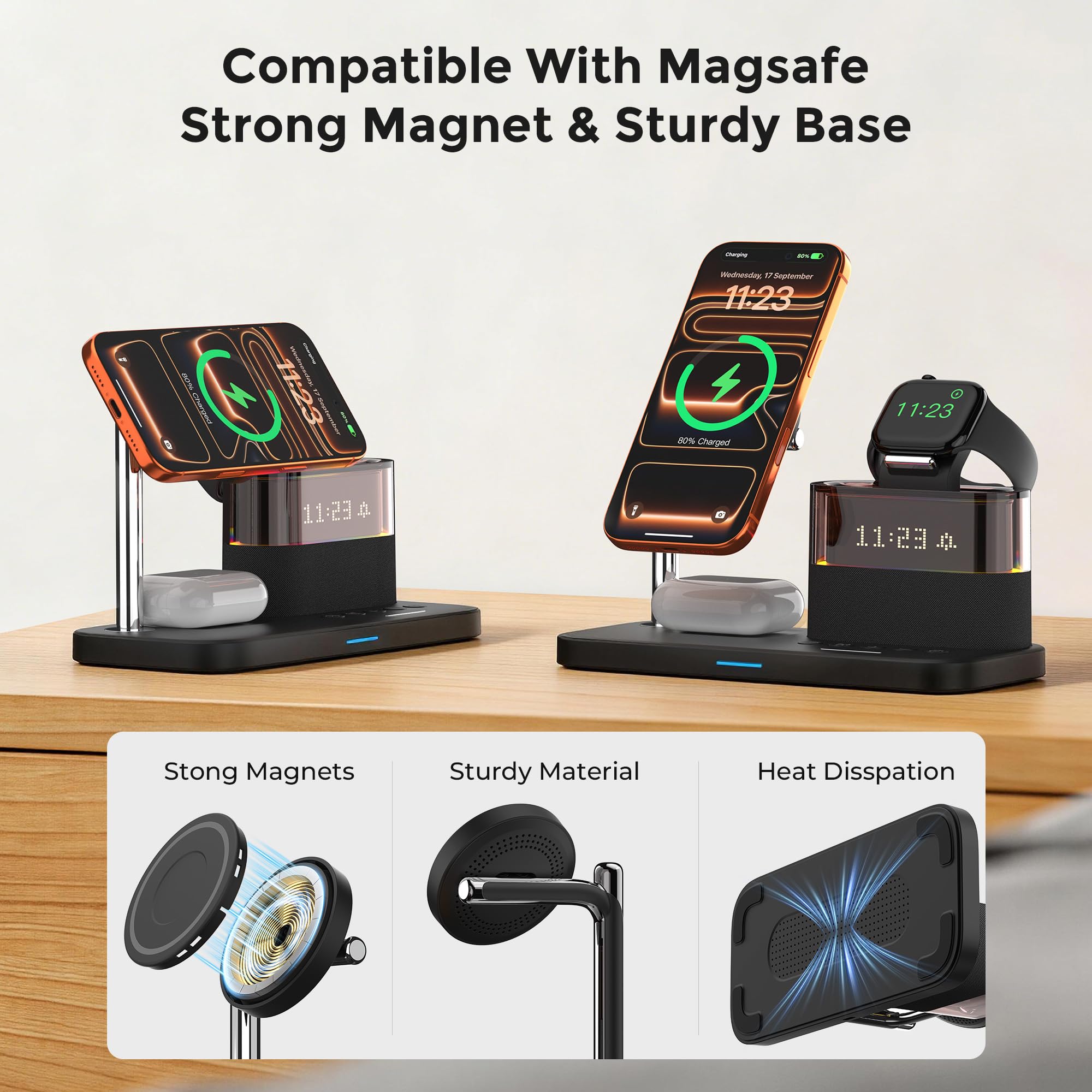 Qi2 - Stazione di ricarica 3 in 1 per iPhone 16/15/14/13/12 serie m. sveglia e luce RGB, supporto di ricarica magnetico con adattatore PD 30 W, caricatore rapido da 15 W per iWatch/Apple Earbuds (nero