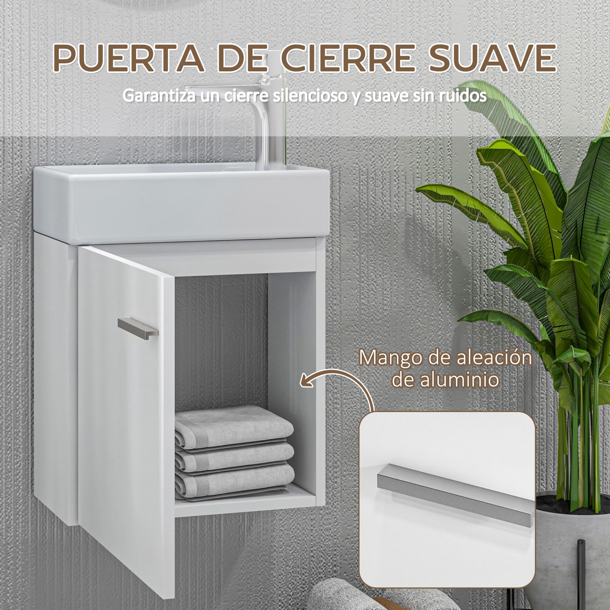 HOMCOM Mueble de Baño con Lavabo de Pared Mueble para Lavabo con Puerta con Cierre Suave Estilo Moderno 40x23x50 cm Blanco Brillo