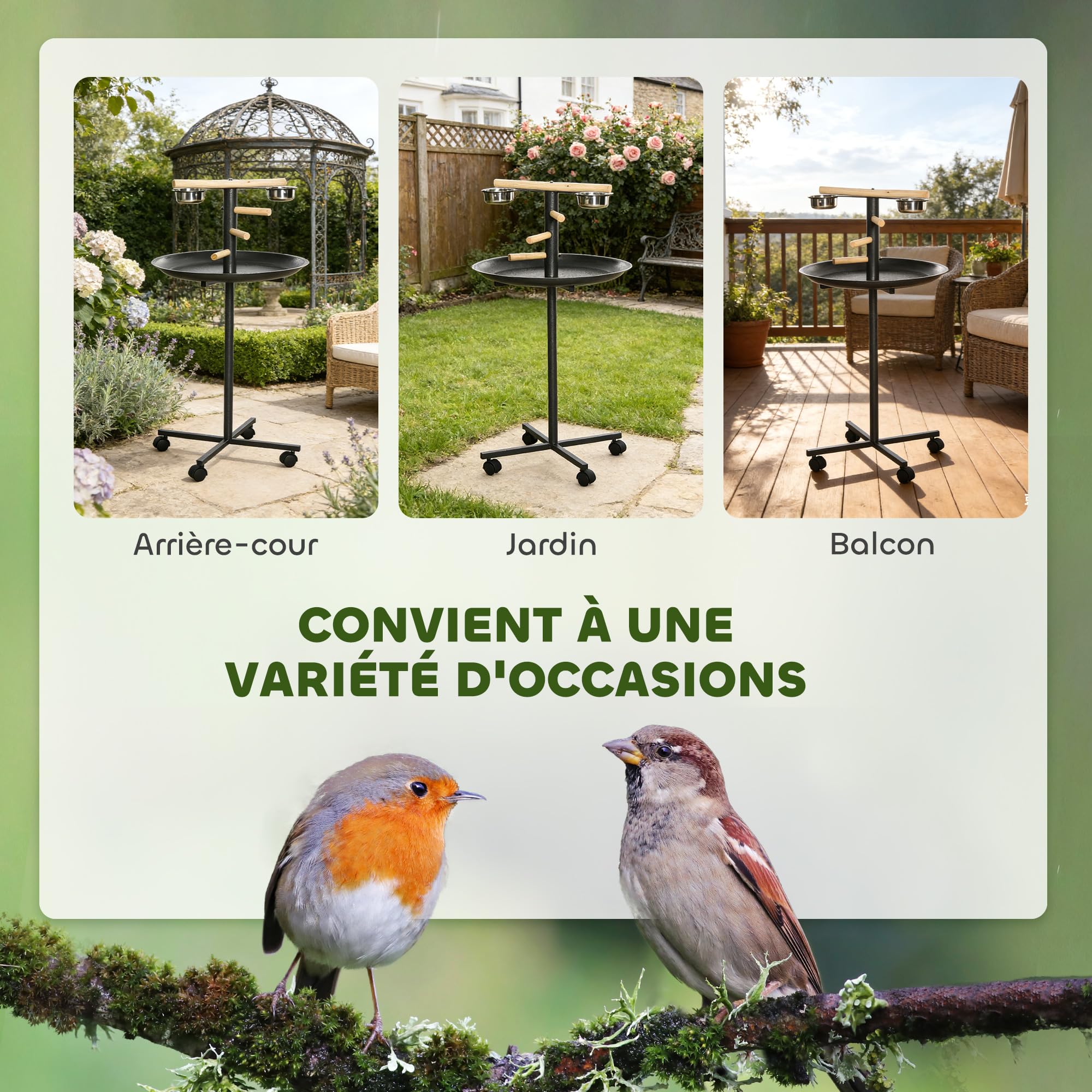PawHut Perchoir Perroquet Mangeoire à Oiseaux sur Pied Ø 60 x 111 cm Gris | 4 Roulettes, Barres en Bois, 2 Mangeoires en Acier Inoxydable, Plateau Rond à Bords Hauts