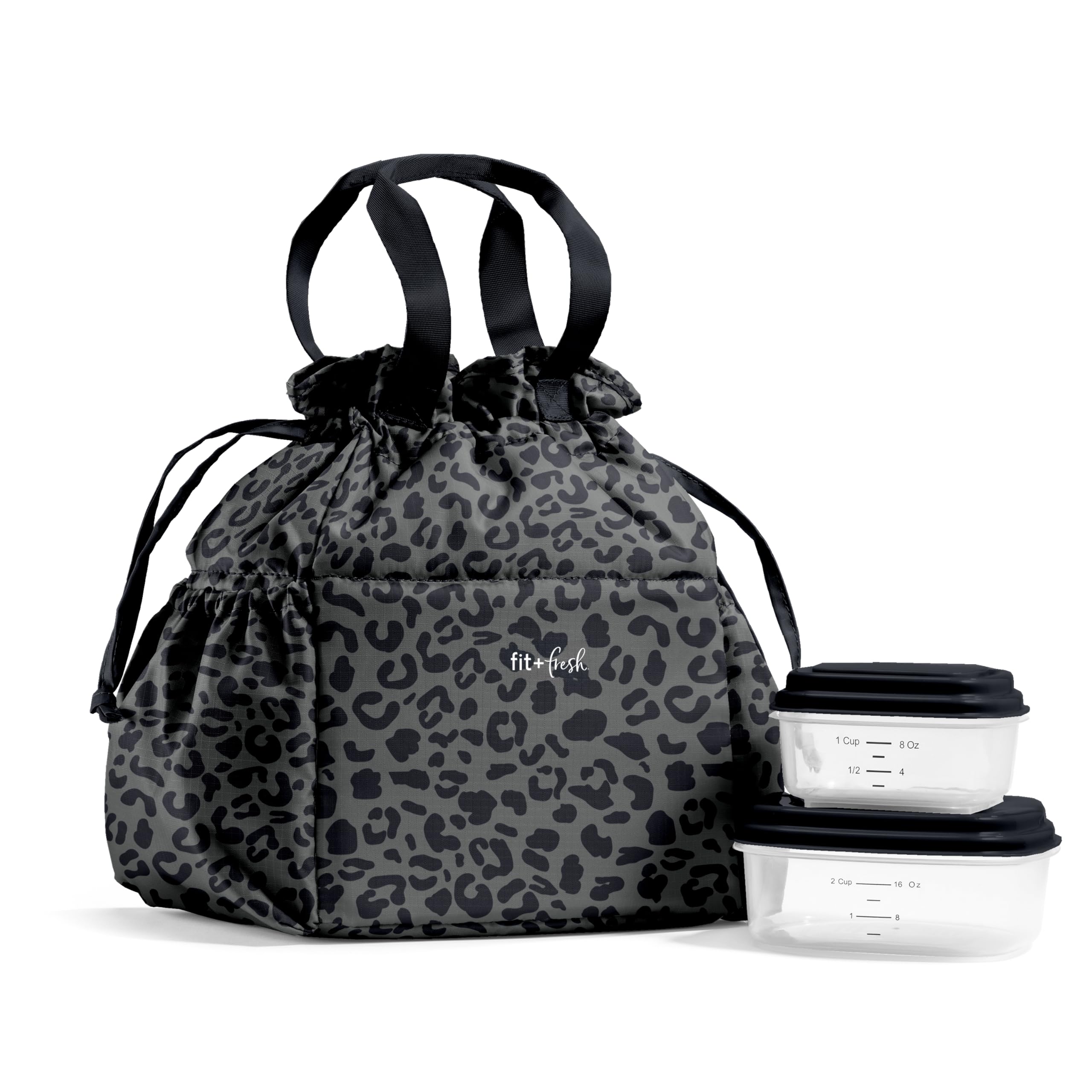 Fit & Fresh Cromwell Drawstring Lunch Bag for Women, Complete Lunch Set with 2 Containers, Stain-Resistant, Leak-Resistant, Back to School Essential, Teacher Lunchbox, Black Cheetah