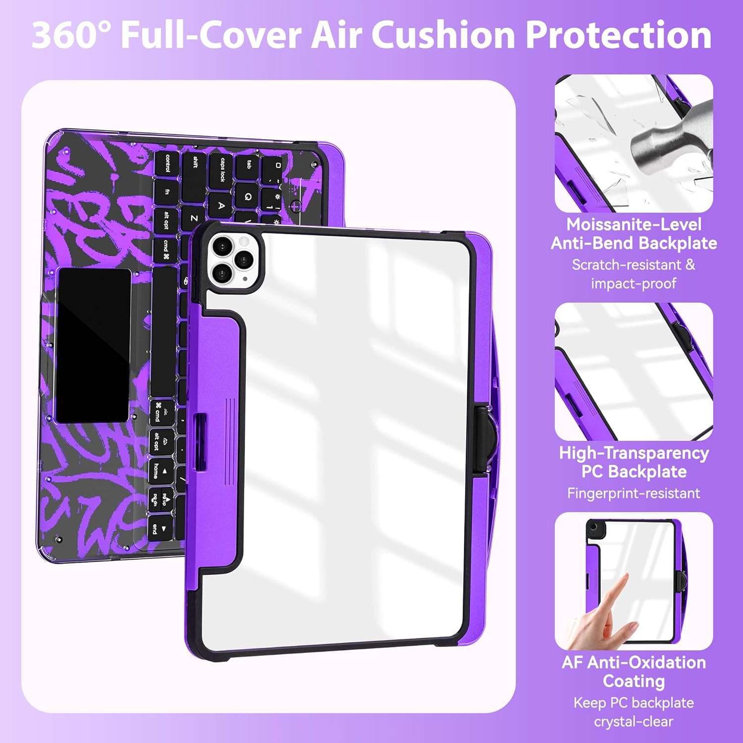JJM 360° Rotating Multi-Touch Trackpad, Transparent Case with Wireless Keyboard, Magnetic Pencil Holder (Y2K Transparent Purple, iPad (A16) 11th & iPad 10th)