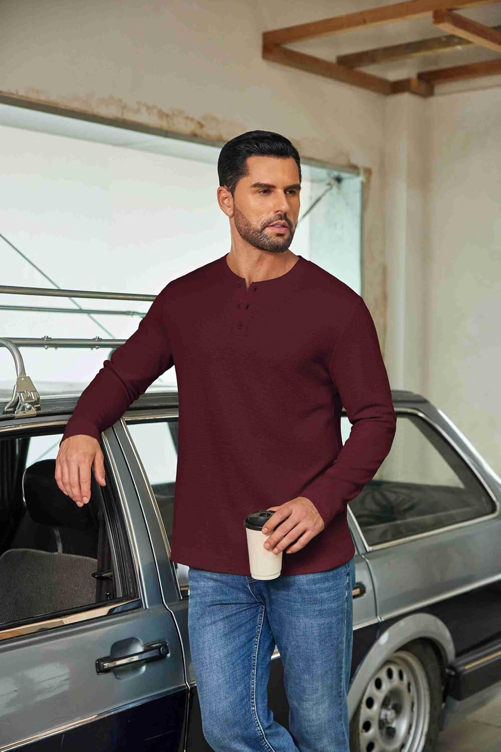 COOFANDY Men's Waffle Henley Shirts Long Sleeve Pullover Shirt Casual Knit T-Shirt Lightweight Basic Tees image 2
