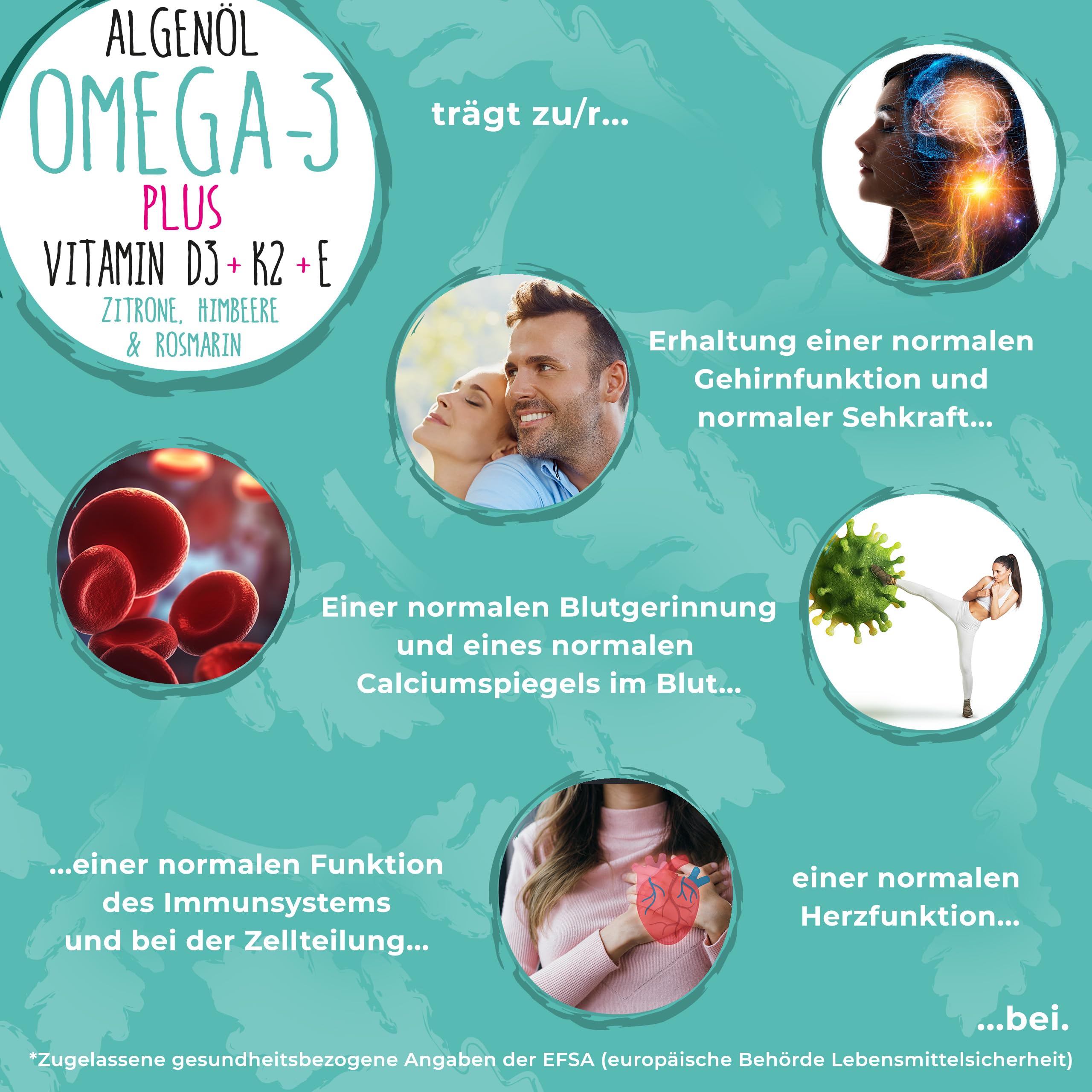 Omega-3 Algenöl PLUS - 40% DHA und 20% EPA mit Vitamin D3 + K2 + E - Zitrone und Rosmarinextrakt - Vegan (20ml = 4 Monats-Vorrat)