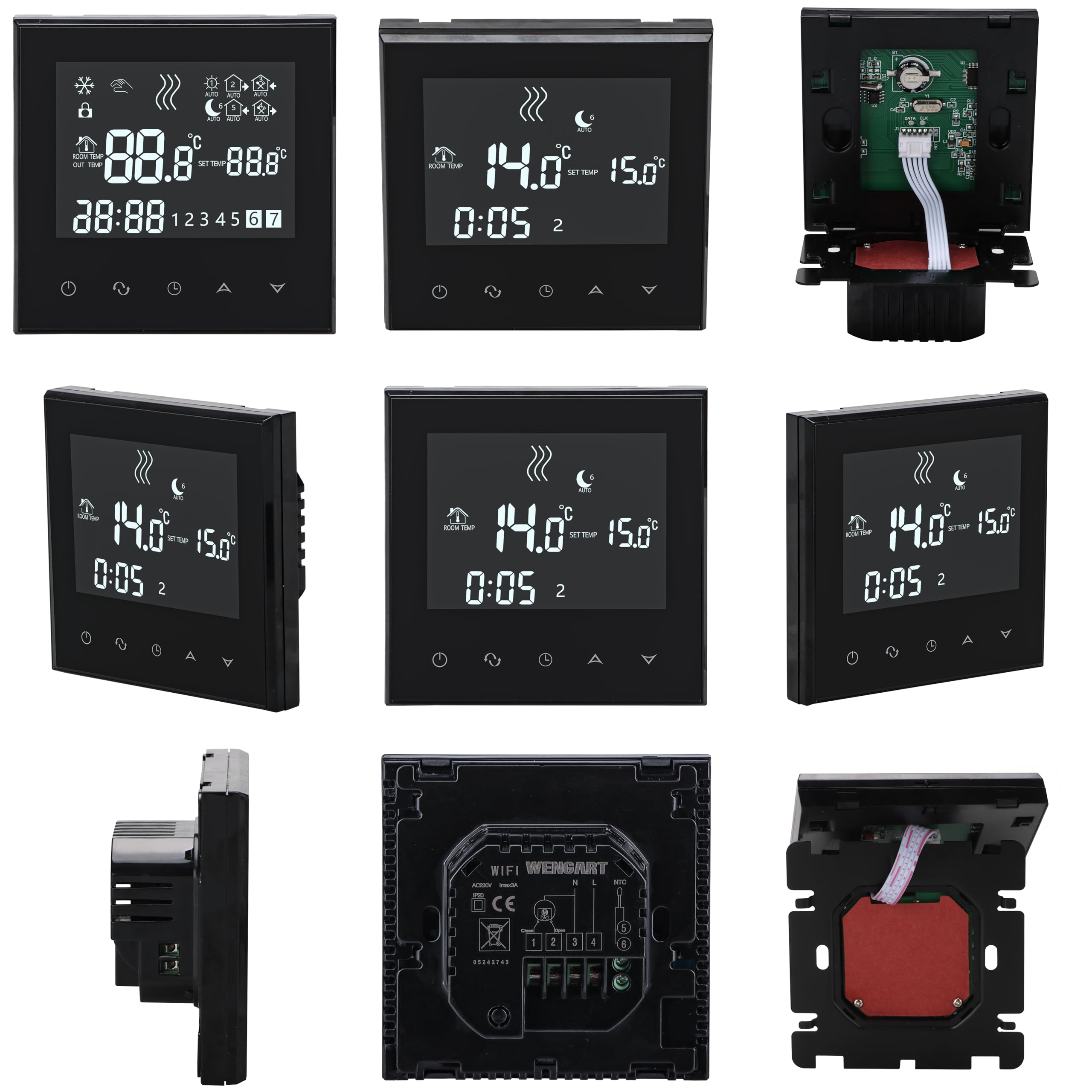Wengart Domowy programowalny termostat WG03-4, AC230V Max3A ekran dotykowy LCD Praca do promiennego ogrzewania podłogowego czarny