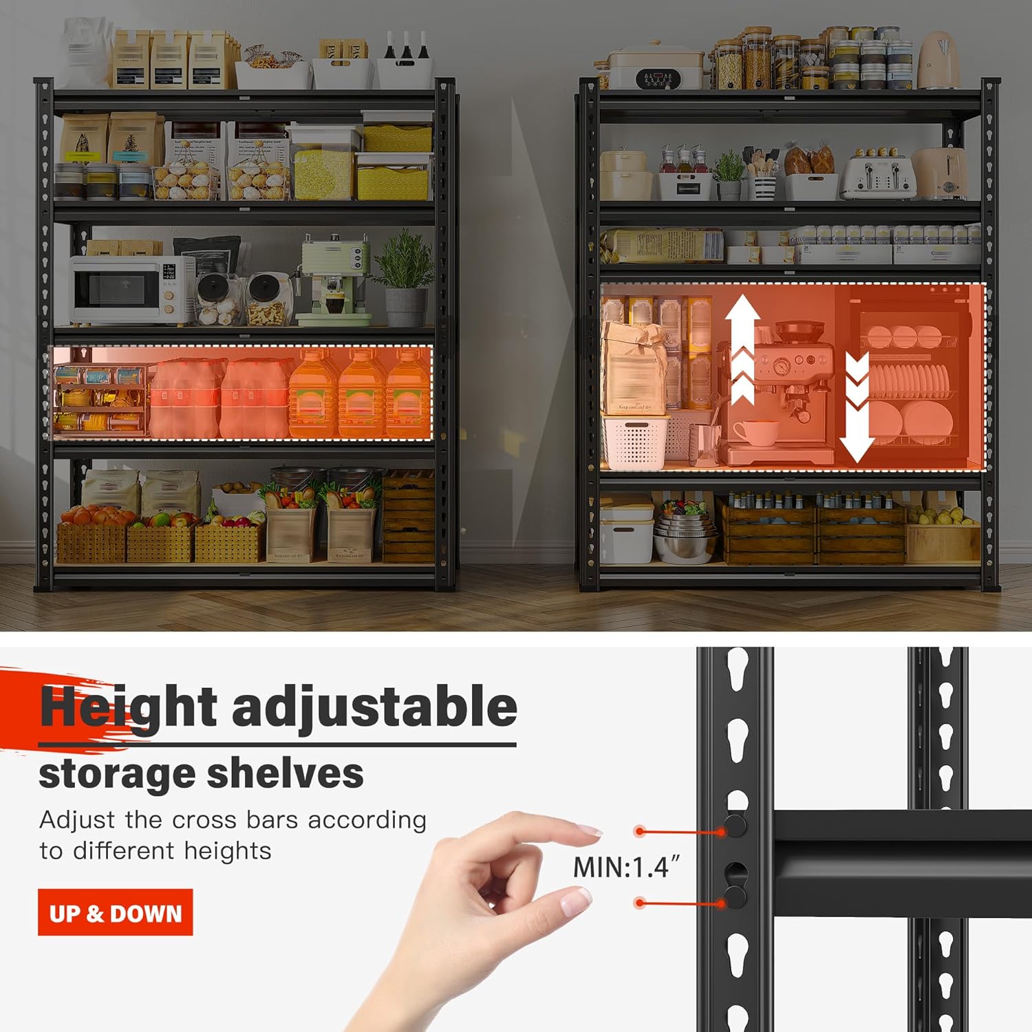 REIBII 72" Garage Shelving, Heavy Duty Storage Shelves 2000LBS, 5 Tier Metal Shelving Unit, Adjustable Garage Storage Shelves for Warehouse Pantry Basement, 72'' H X 35.5'' W X 11.8'' D, 3 Pack - Image 6