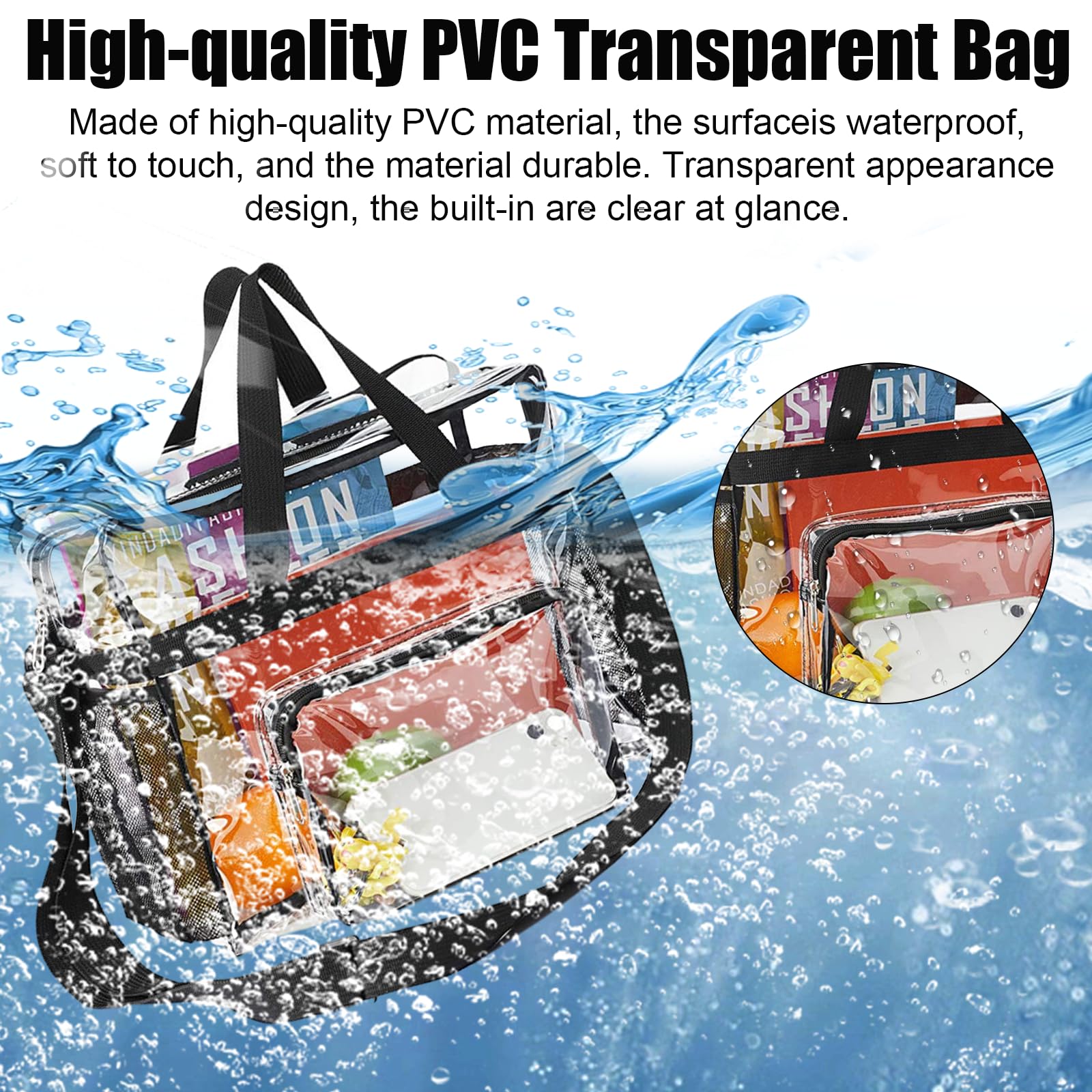 Bolso Transparente Mujer, PVC Bolso Bolsa Viaje Accesorios | Impermeable Bolsas Transparentes para Estadios con Bolsillos para El Trabajo, Juegos Deportivos y Conciertos