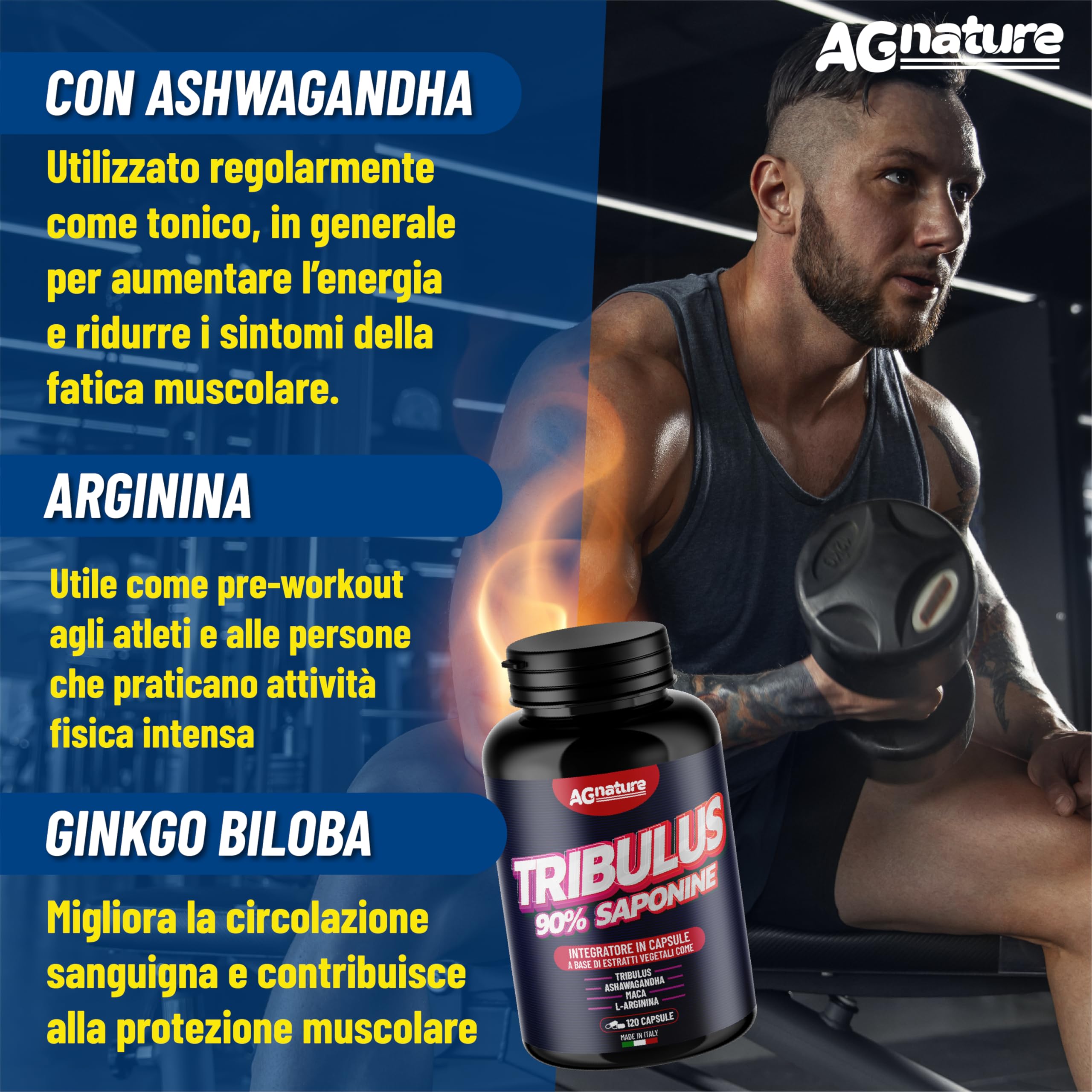 AG nature Tribulus Terrestris Alto Dosaggio 90% Saponine x Palestra - Integratore Uomo Naturale x Massa Muscolare con Maca Peruviana e Ashwagandha