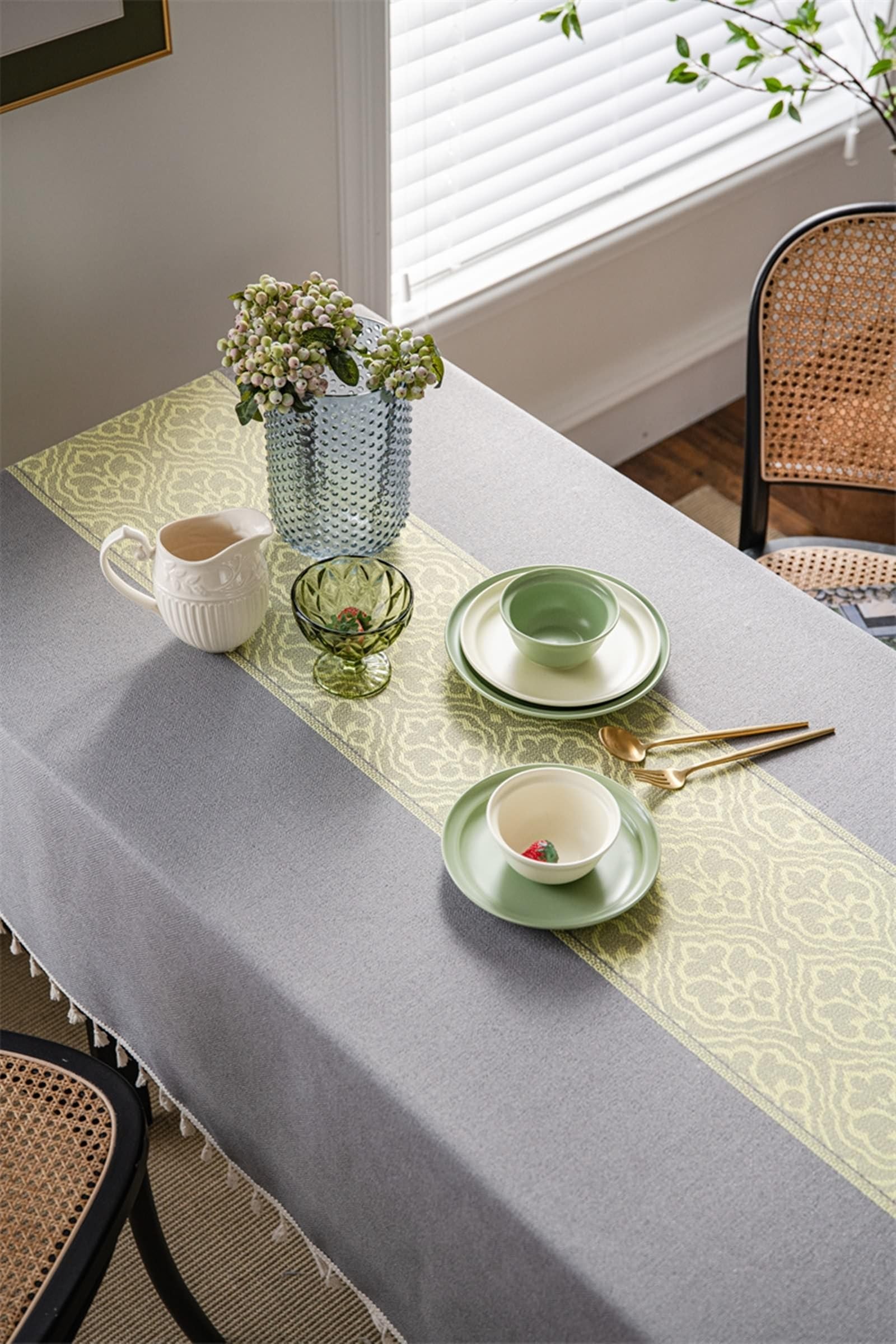 Tischdecke Abwaschbar 100x140CM, Polyester Tischdecke Blumen-Jacquard Grau Grün Tischdecke Abwaschbar Rechteck