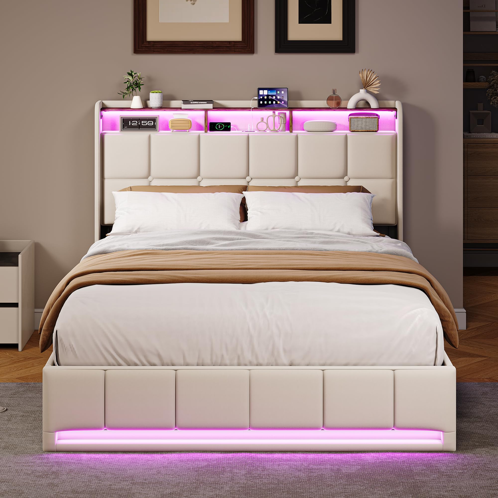 Cama con cajón 140 x 200 con LED, cama de matrimonio tapizada con somier de listones y compartimento de almacenamiento, cabecero doble, cama de matrimonio para adultos y adolescentes, sin