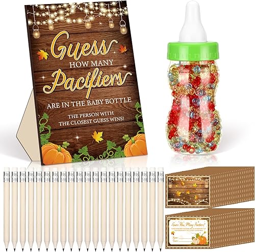 Miniatura 16 de Syhood Floral Baby Shower Games Guess How Many Pacifiers - Cartel de juego 50 pequeños juegos de adivinanzas, 20 lápices HB, botella de leche de