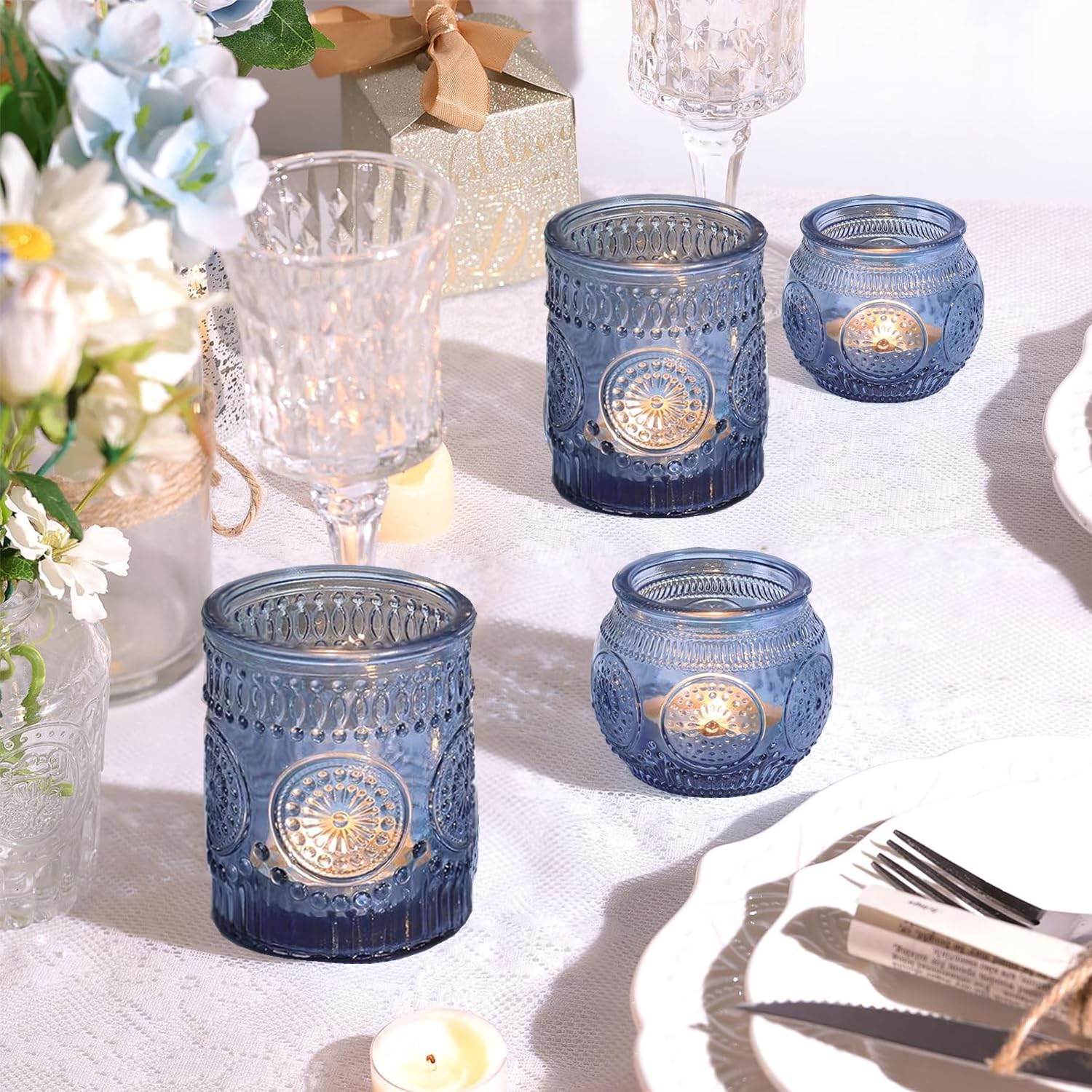 12 portacandele votivi vintage in vetro blu, per centrotavola, casa, addio al nubilato, compleanni, feste (blu)