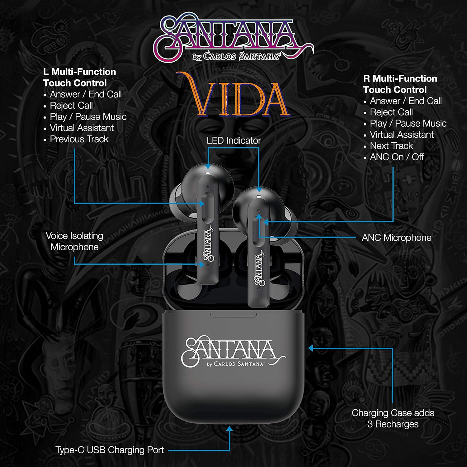 SANTANA BY CARLOS SANTANA Vida Active Noise Cancelling Earbuds - True Wireless Bluetooth Earbuds with Charging Case - Black