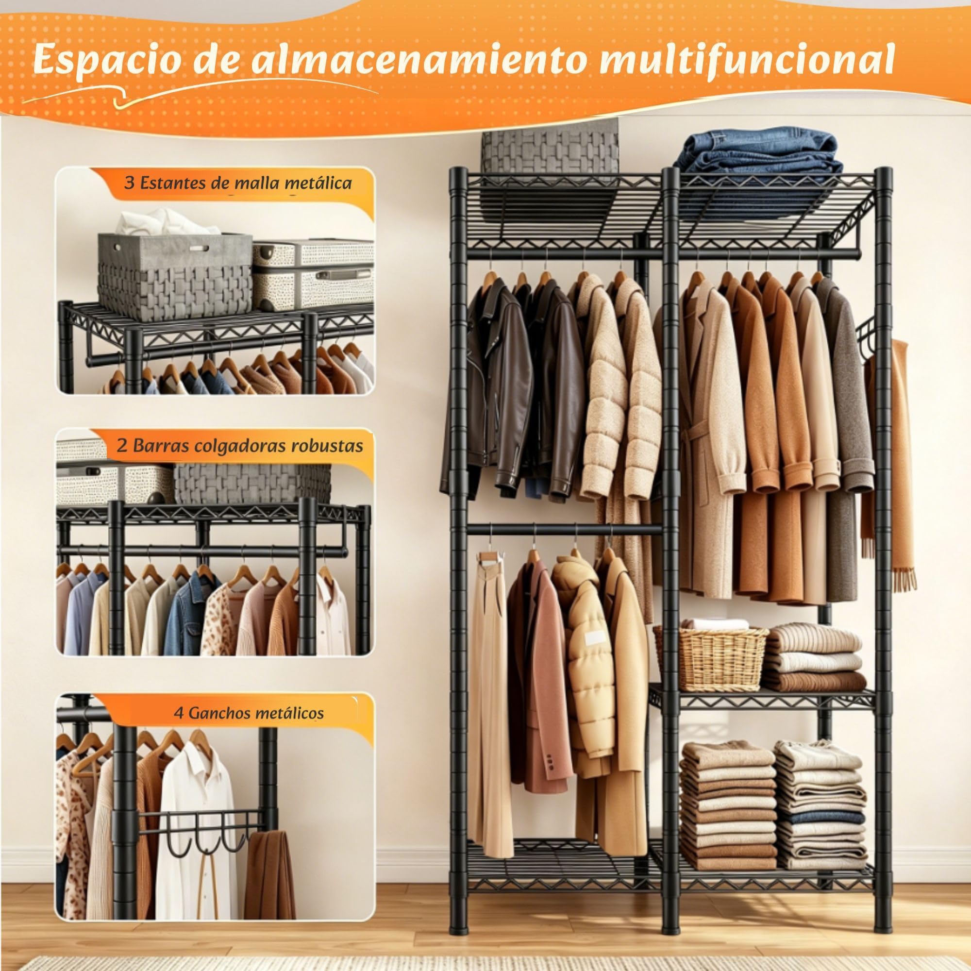 Burro ropa resistente, Armarios dormitorio metálico con 3 estantes regulables en altura, 2 barras para ropa y 4 ganchos, 200 KG de carga, 80x40x194,5 cm, Perchero burro ropa, Negro