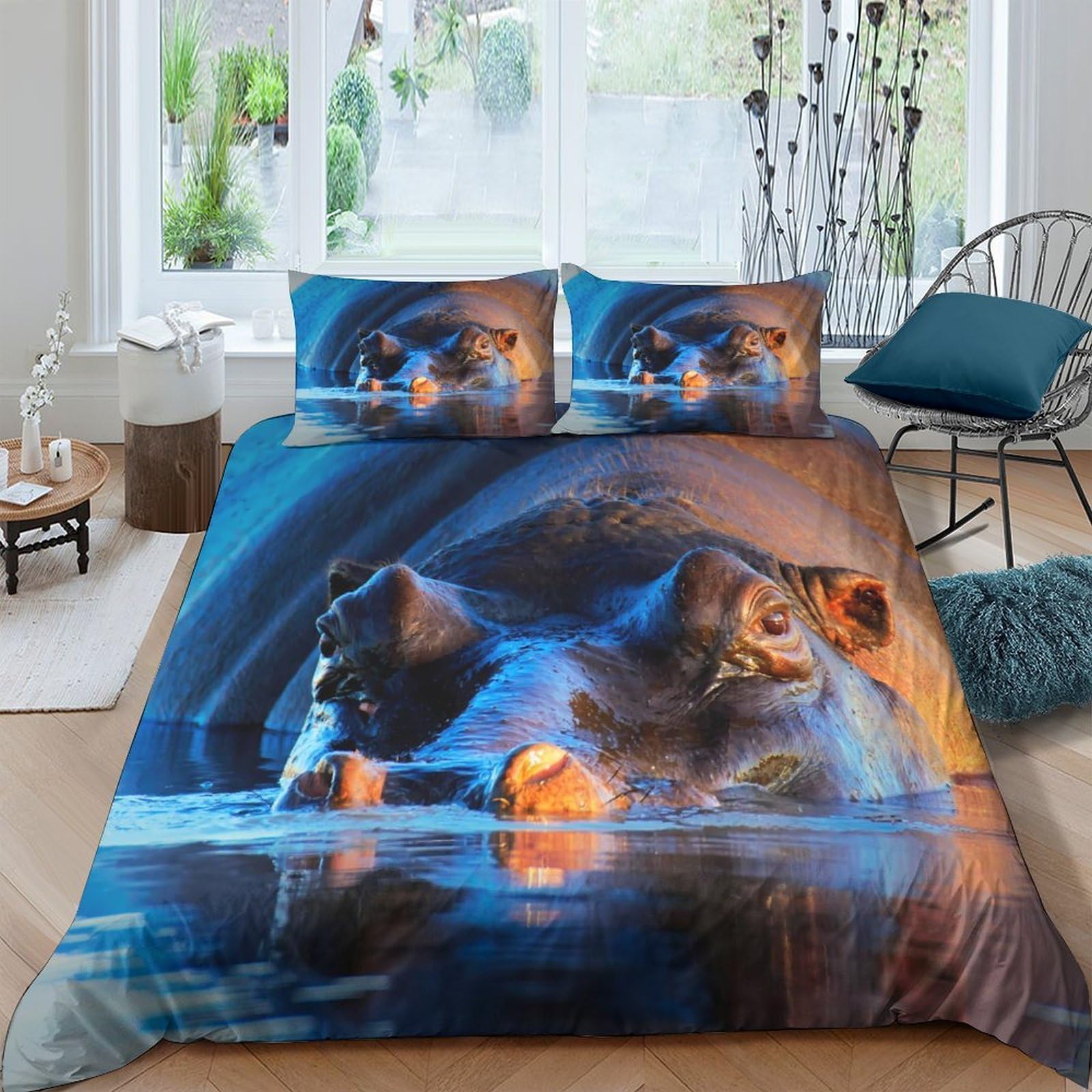 Ctjqhvkz Style-7 3D Printed Hippo Reflection Fitted Sheet Microfiber Soft Water Blue Sunset Mattress Cover For Bedroom Decor Single（135X200cm）