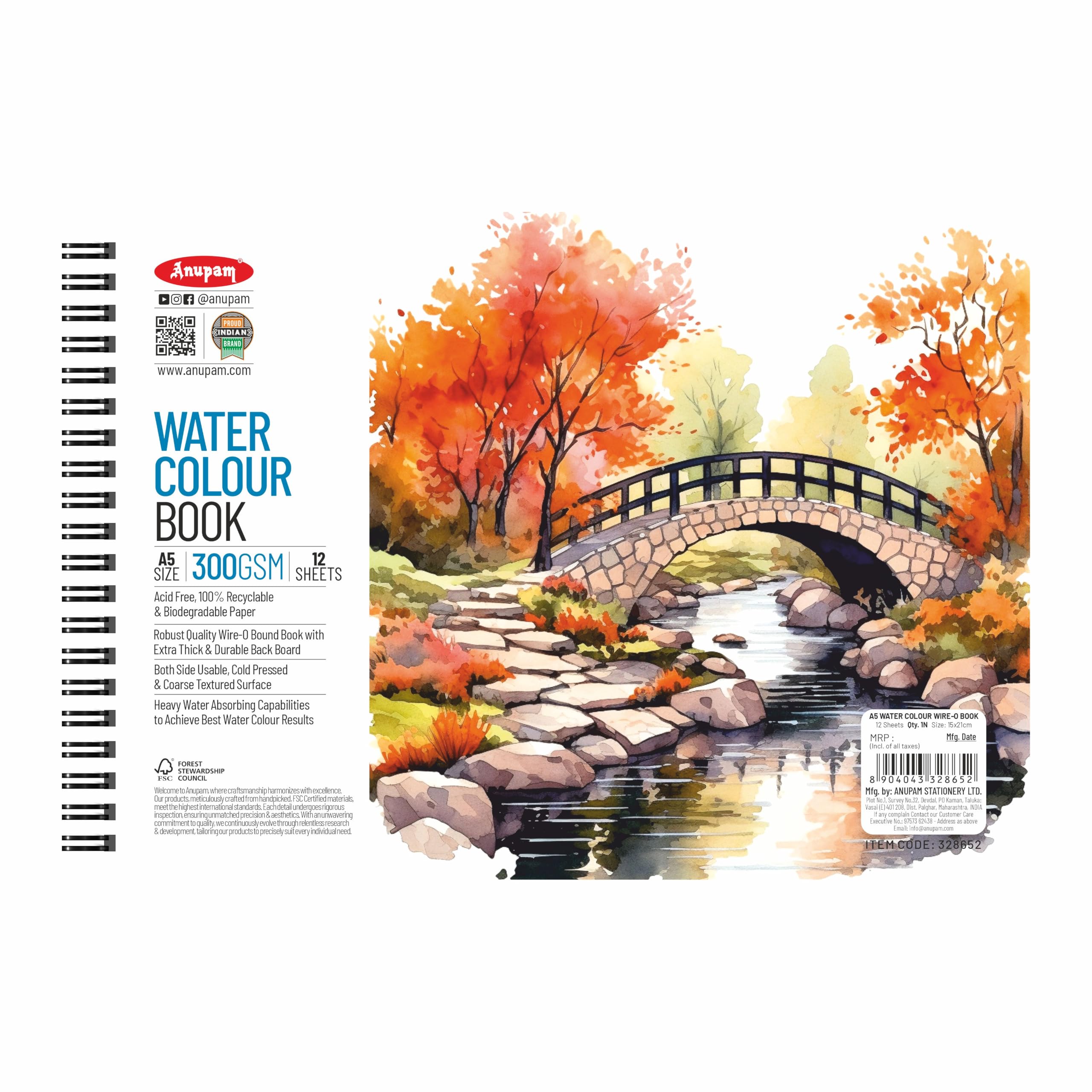 Anupam Artists Watercolour Wire-O Book 300 GSM Cold Pressed A5, 24 Pages for Watercolour, Gouache, Ink, Acrylic, Wet & Mixed Media, Art Painting, Drawing for Artists & Amateurs {Random Cover page}