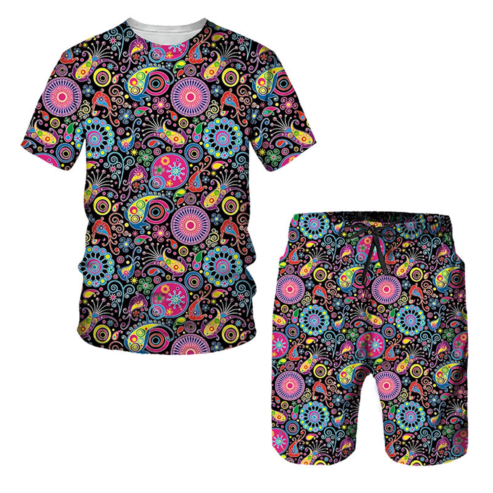 Disfraz africano para hombre, hippie de los años 70, camisa de flores, disfraz hawai con pantalones cortos, talla grande, verano, juego de 2 piezas en estilo étnico, trajes impresos con bolsillos,