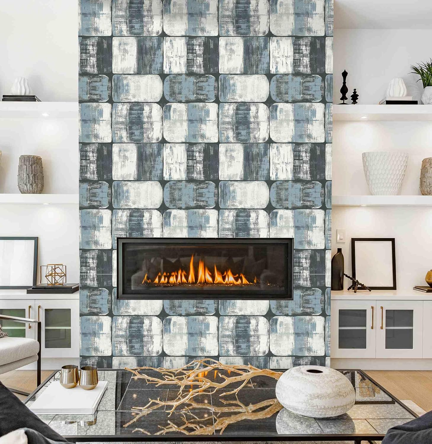 Modern Geometric Textured Peel and Stick Wallpaper, Blue Gray Block Wallpaper for Home Decor | Self-Adhesive Vinyl, 17.7" x 236"