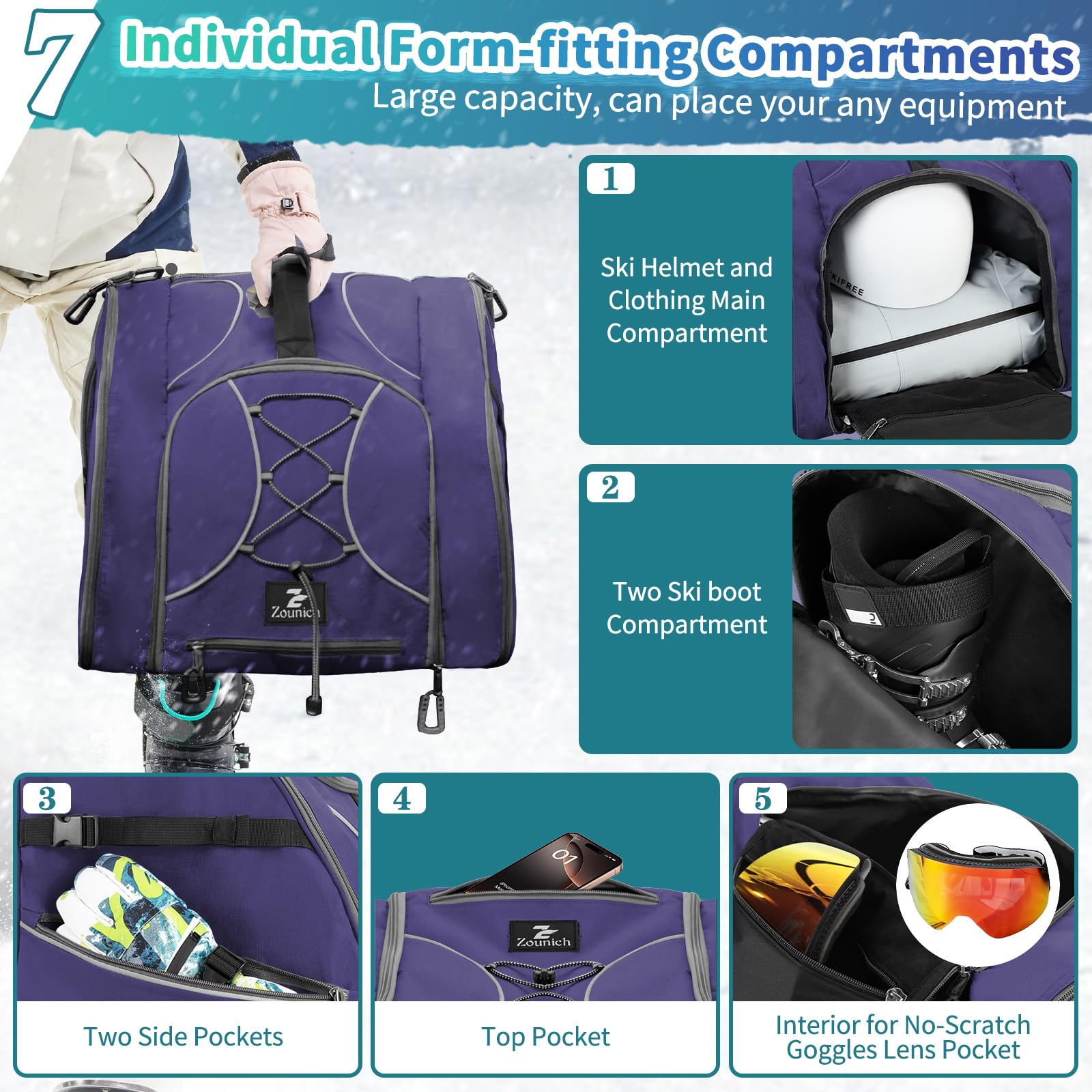ZOUNICH Bolsa para Botas de Esquí 55L, Mochila Resistente al Agua con Compartimento para Casco