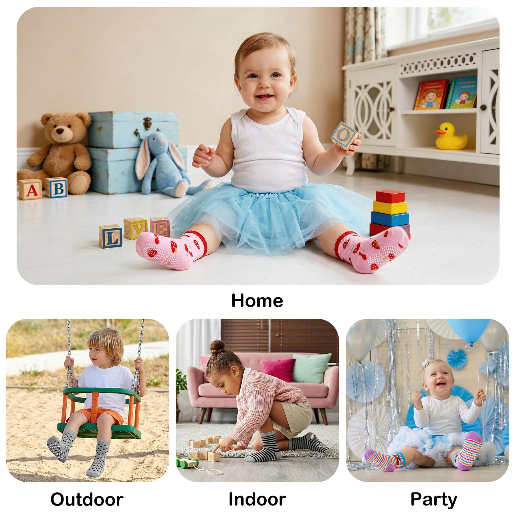 SkiBeaut - Calcetines antideslizantes para niños pequeños de 1 a 7 años, 12 pares de calcetines para niños y niñas