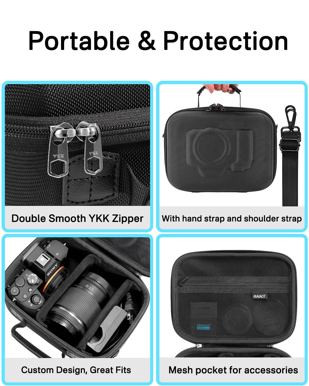 RAIACE Hartschalenetui kompatibel mit der Sony Alpha 7 II III IV/7R V Kamera, für Nikon, Canon, Pentax und mehr. Netzfach für Ladegerät, Kabel, Karten und Zubehör. (Nur Etui) – Schwarz