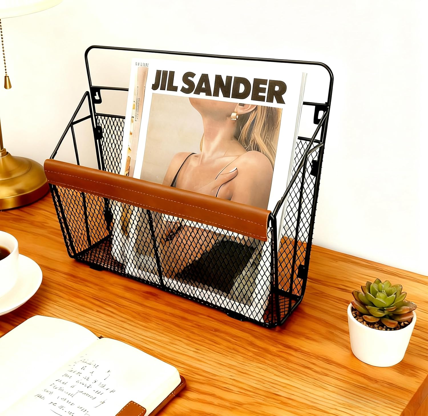 Wall Mounted Magazine Rack with Leather Trim, Decorative Art Wall Magazine Holder, Hanging Paper Organizer, Metal Wire Magazine Organizer for Home Office, 2 Packs