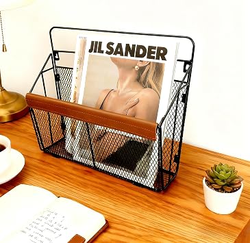 Wall Mounted Magazine Rack with Leather Trim, Decorative Art Wall Magazine Holder, Hanging Paper Organizer, Metal Wire Magazine Organizer for Home Office, 2 Packs